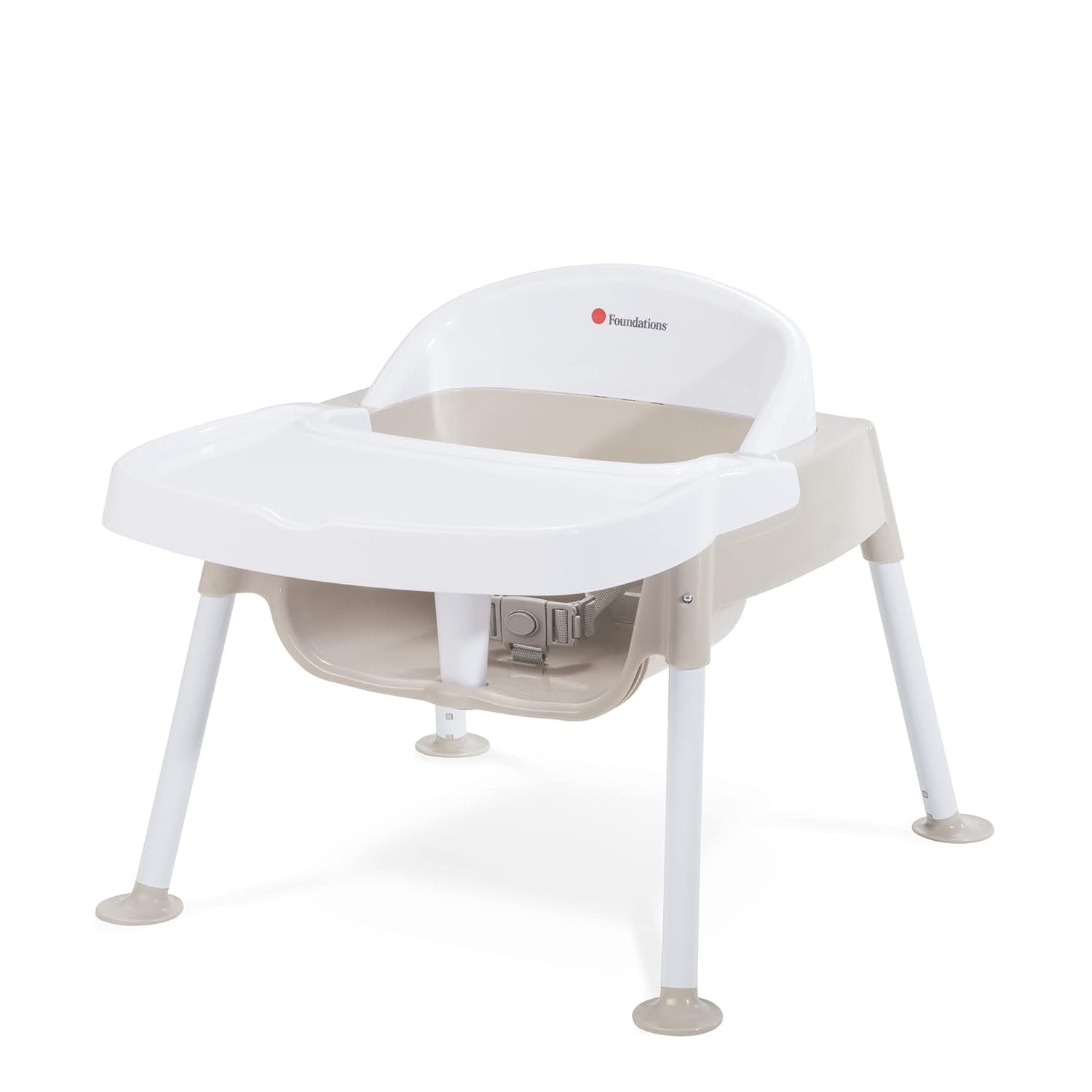 Foundations Secure Sitter 7″ Feeding Chair, Stable “No Tip” Feet, 3-Point Adjustable Harness, Removable Tray, Easy to Clean, Smooth Plastic (White/Tan)