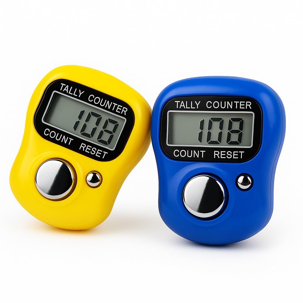 QEEIG Multiuse Finger Counter Portable Hand Finger Ring Counting Machine Digital Head Electronic Tally Counter Jap Counting Device for Mantra Jaap Multi-Colour | 11 cm | Pack of – 02