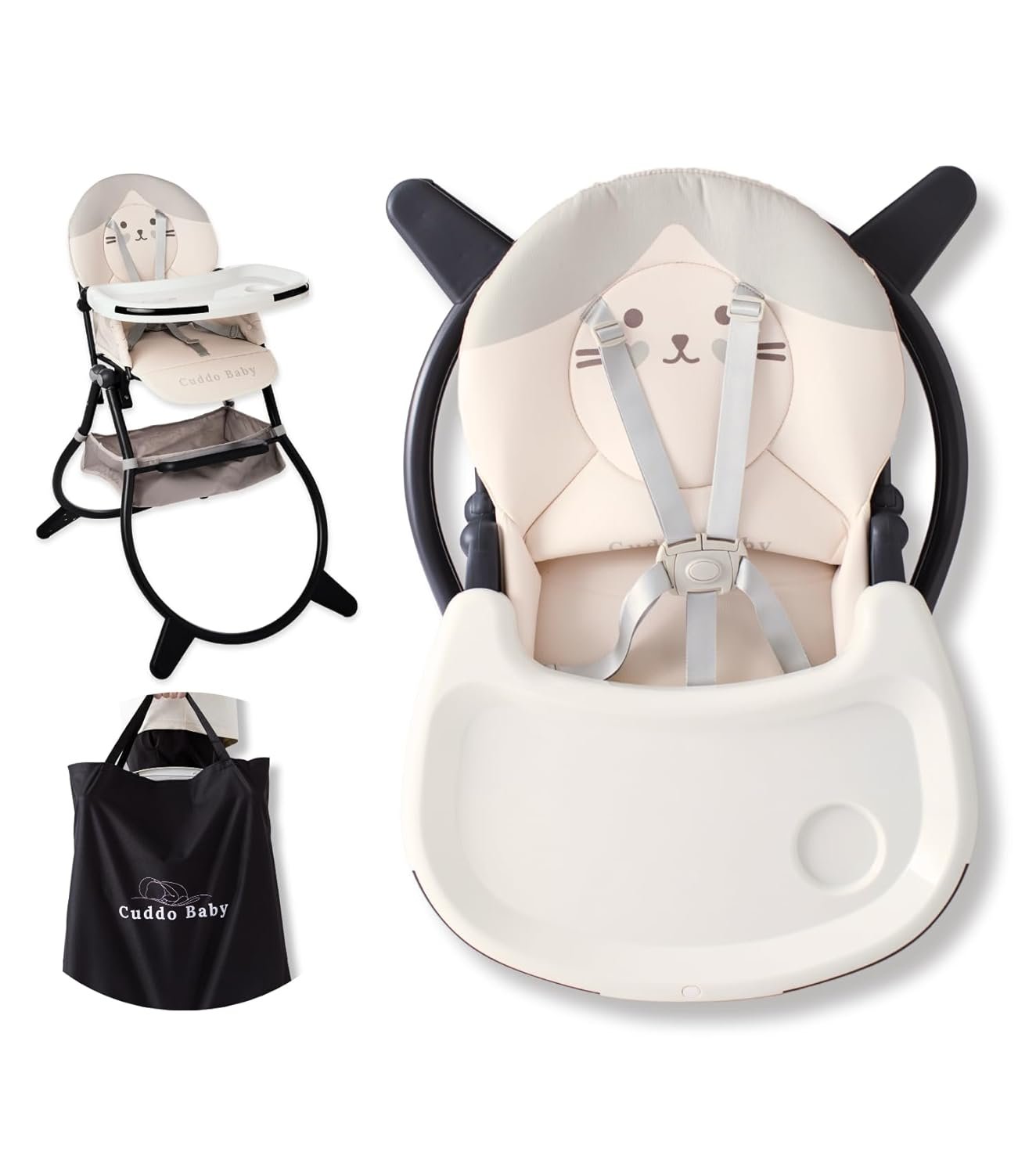 CuddoBaby Foldable High Chair, No Assembly Needed, Portable with Storage Bag, One-Piece Base, 5-Point Harness, Adjustable Tray, Waterproof PU, Purrfect Highchair for Babies & Toddlers- Me