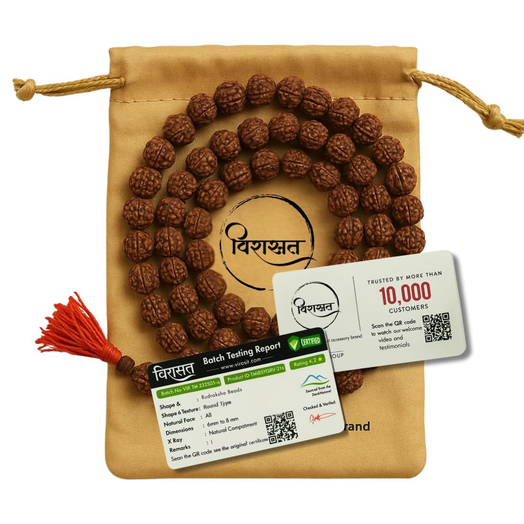 Virasit 5 Mukhi Rudraksha Mala 108 Beads Original Certified | Natural Panchmukhi Rudraksha Japa Mala for Men & Women | Jaap Mala for Meditation, Shiv Puja, Yoga, Prayer, Chanting | 6mm Size