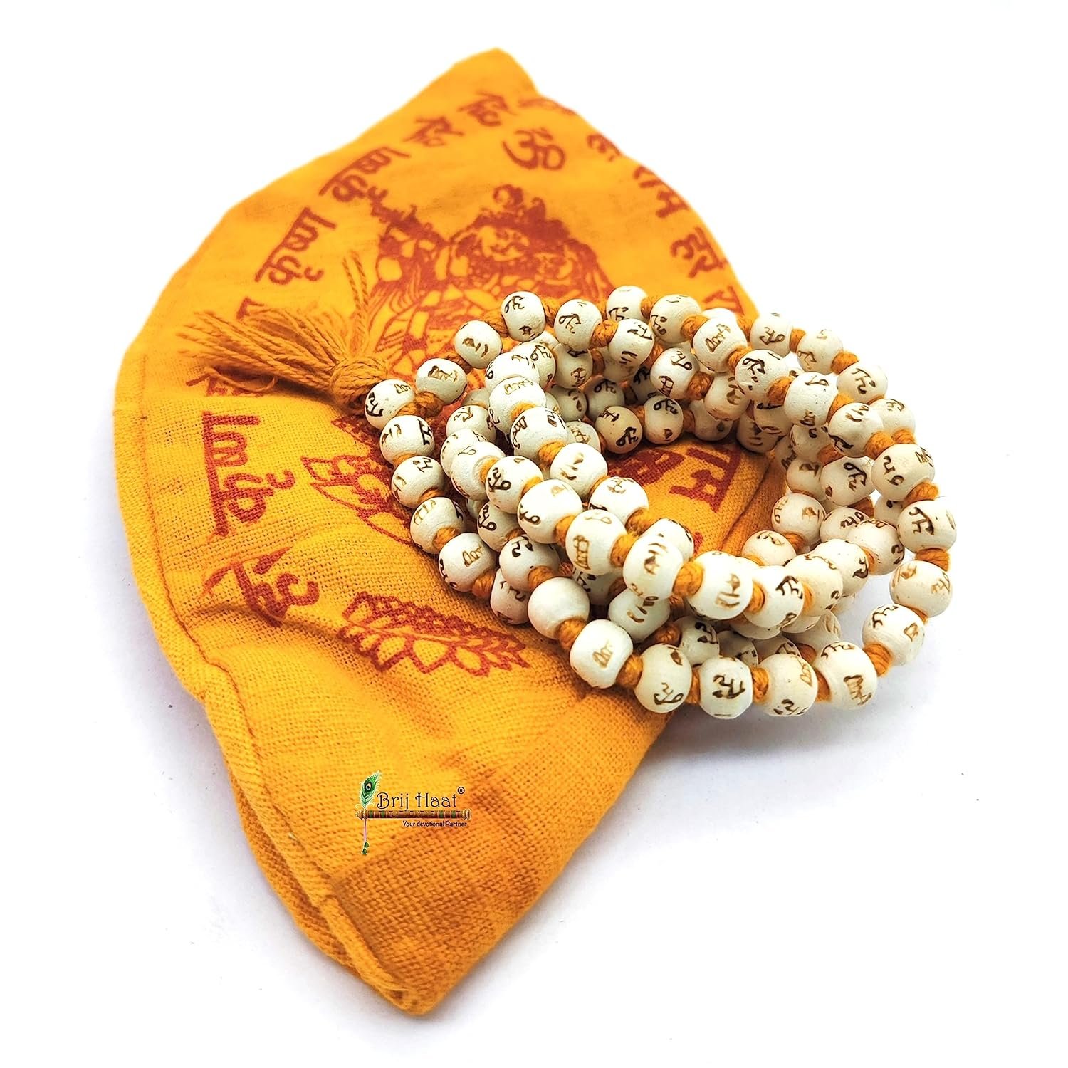 BRIJ HAAT Women Tulsi Wood Carving Of Hare Ram Hare Krishna Carving On White Japa Mala 108+1 Beads With Cotton Gaumukhi Jaap Bag