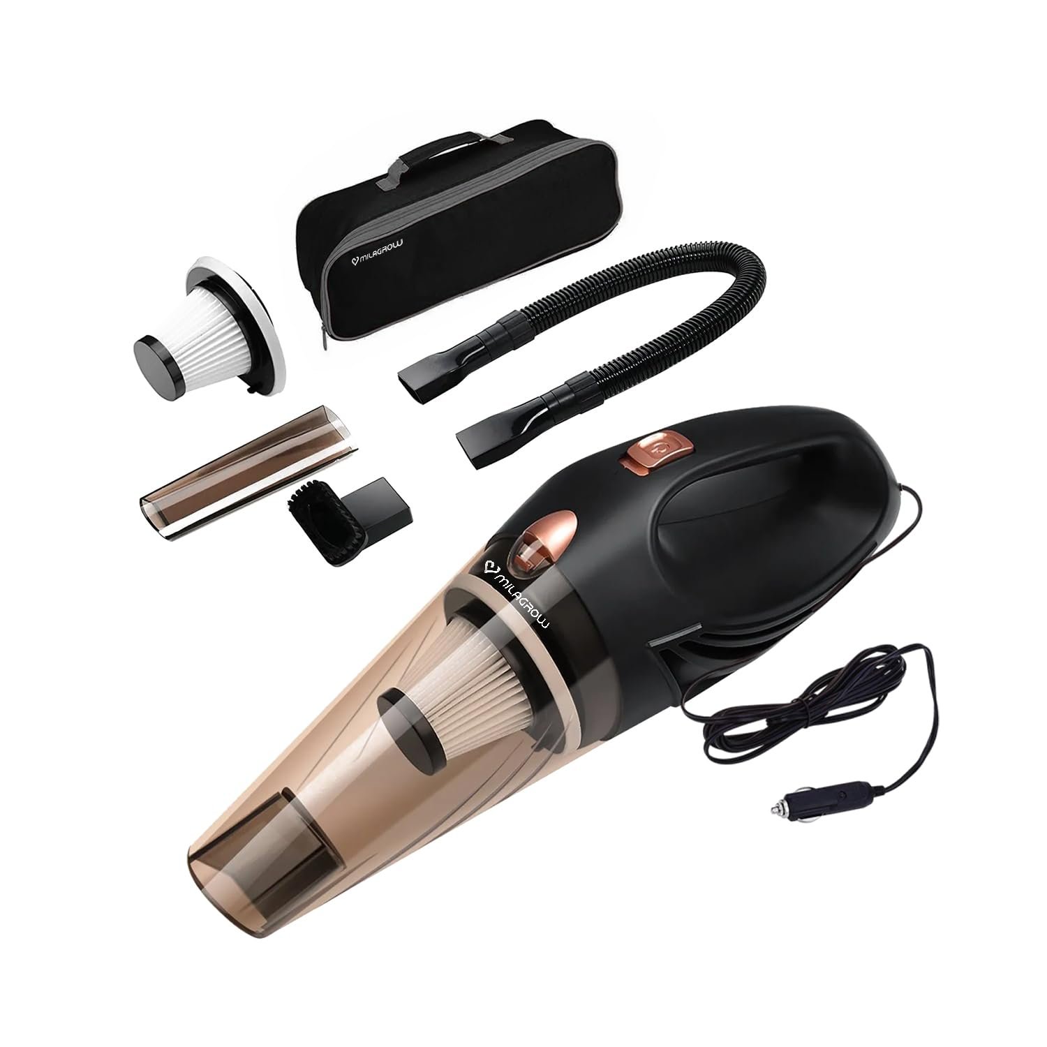 MILAGROW CoinSucker 12V Handheld Car Vacuum Cleaner,8200Pa Suction,Portable Vacuum for Quick Car Cleanup with Crevice Tube, Cleaning Brush, 500 ml Dustbin and Reusable HEPA Filter