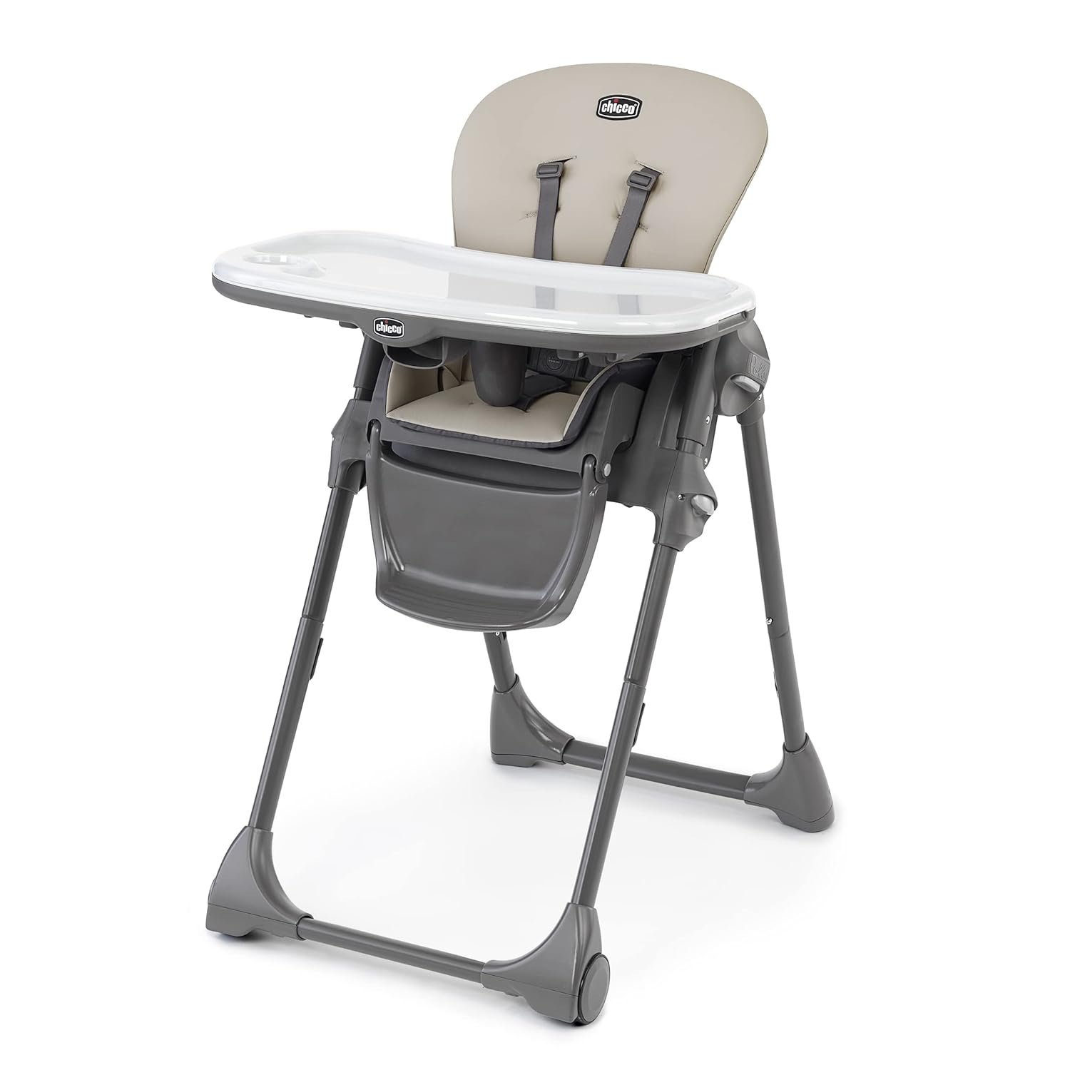 Chicco Polly Space-Saving Foldable High Chair with Easy-Clean Seat Pad, High Chair for Babies and Toddlers with Multi-Position Recline and Height Adjustment, for Children up to 40 lbs. | Taupe/Beige