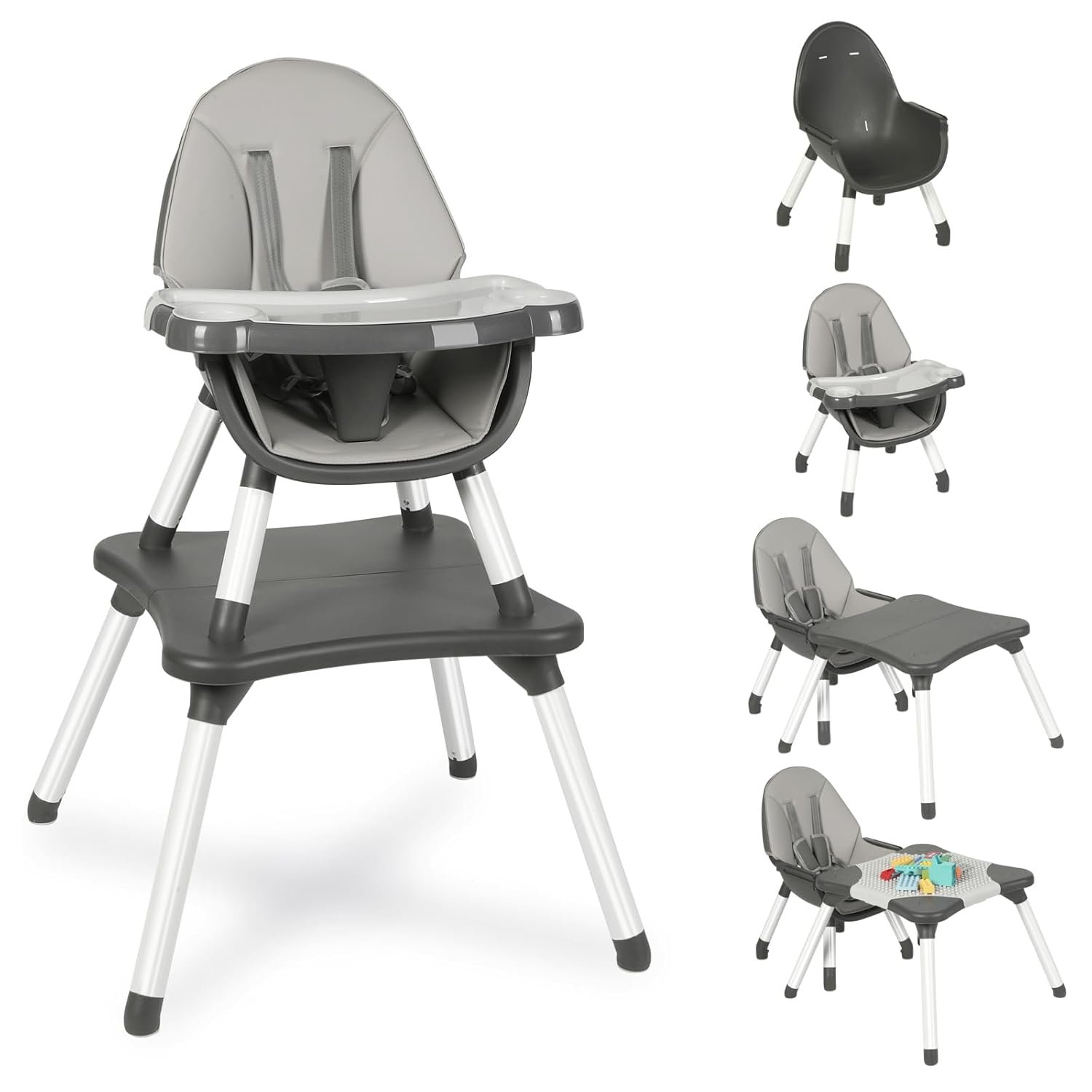 Baby Highchair,6 in 1 High Chairs for Babies and Toddler Baby Feeding Chair Coverts to HighChair for Babies, Kids Learning Table,Building Block Table,Kids Stool Removable Tray & Safety Harness(Gray)