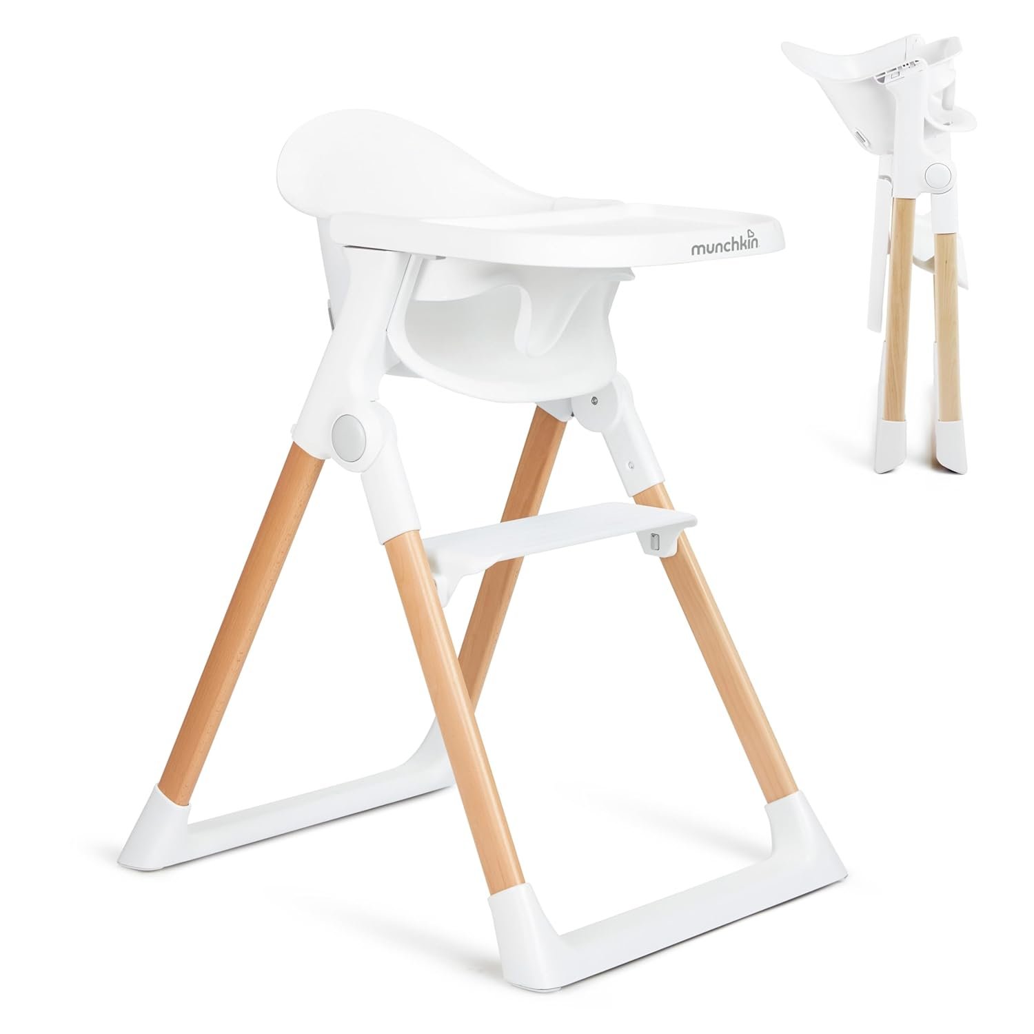 Munchkin Float Baby High Chair, Foldable and Easy to Clean, for Babies and Toddlers, White with Wooden Legs