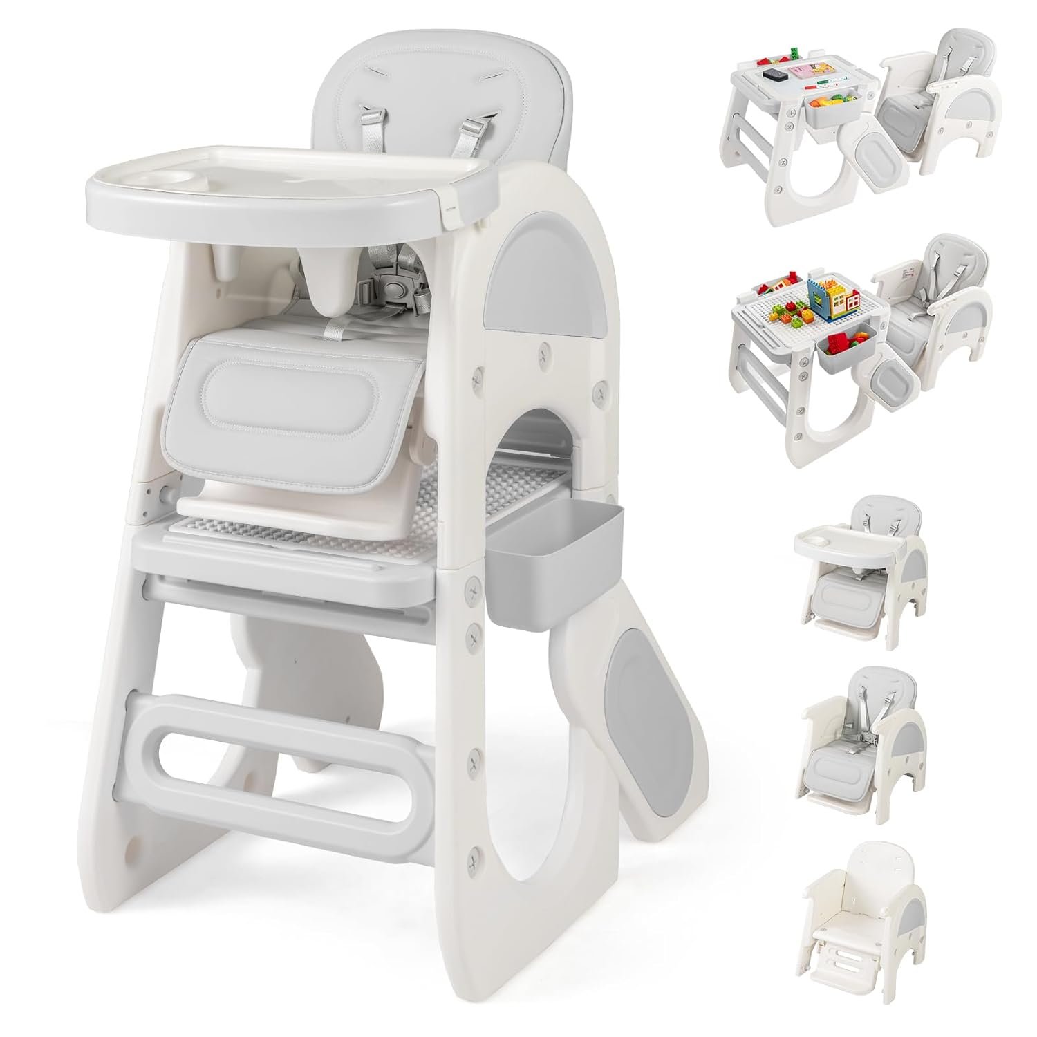 BABY JOY Baby High Chair, 8 in 1 Convertible High Chairs for Babies and Toddlers, Building Block Table and Chair Set, Adjustable Backrest, Removable Double Tray, Storage Boxes, Safety Harness (Gray)