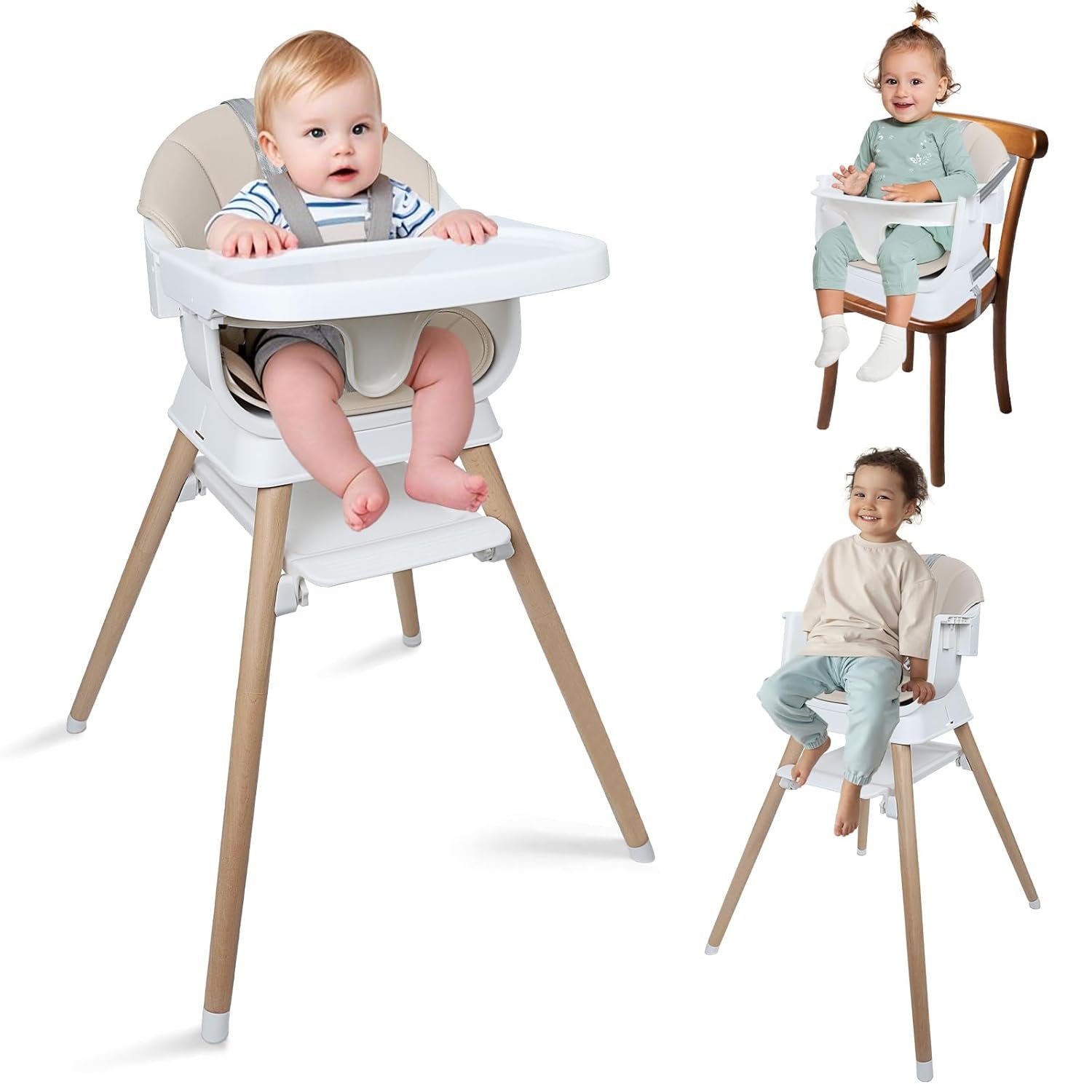 9 in 1 Convertible Baby High Chair with Booster, Wooden Highchair for Babies and Toddlers with Adjustable Tray & 5-Point Harness, Multi-Functional Growing Seat for Feeding, Learning & Play, Beige