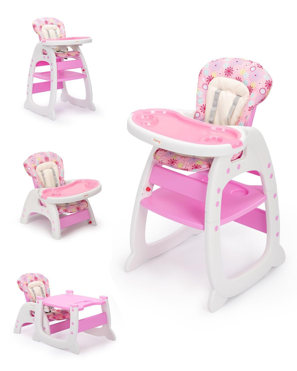 SANDINRAYLI High Chair, Convertible Highchairs for Babies and Toddlers, Easy Clean Baby High Chair, 3 in 1 Feeding Chair for Eating, Adjustable Infant Chair for Toddlers 1-3, Baby Food Chair, Pink