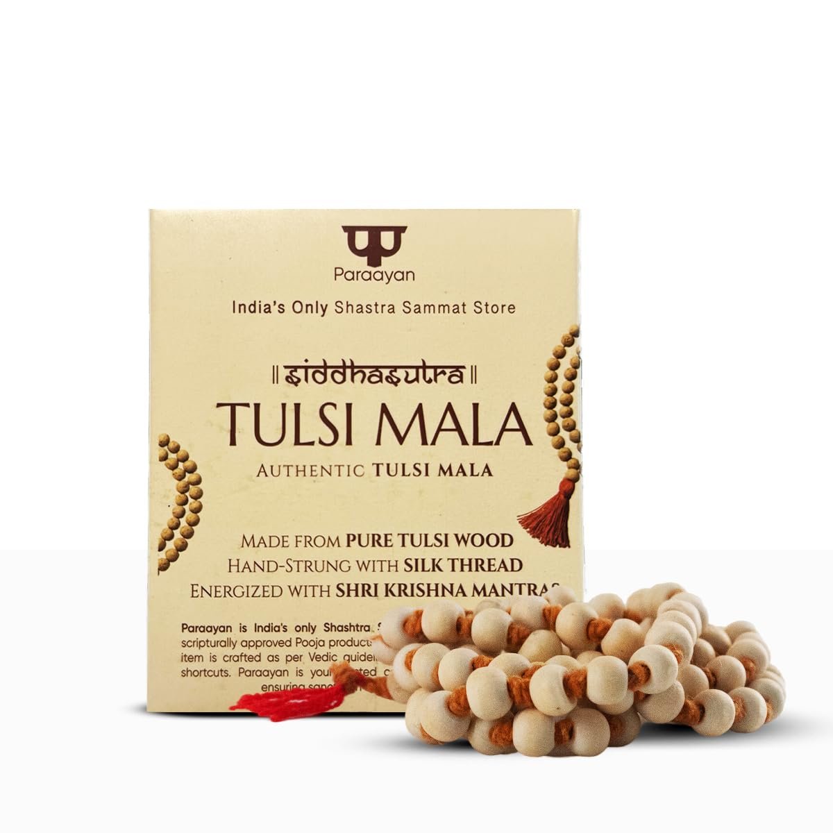 Paraayan Pure Tulsi Mala 108 Beads Original | 7mm Beads Size | Crafted from Pure Tulsi Beads | Best for Meditation Jaap Mala and Pooja | Pack of 1, Beige