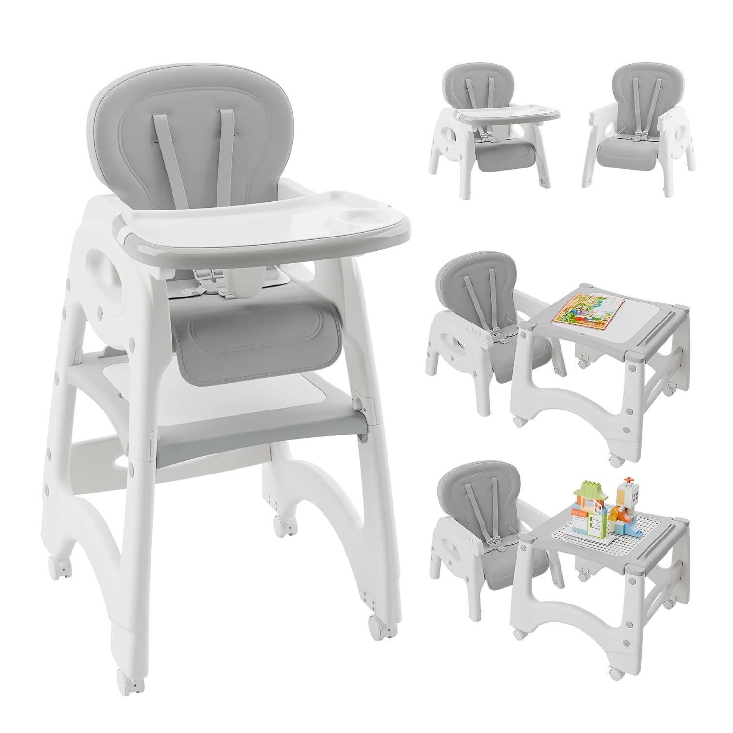 6 in 1 Baby High Chair, Convertible Feeding Highchairs for Babies and Toddlers, Chair with Building Block Table or Study Table, Kids Table and Chair Set, with Dual-Layer Tray, Adjustable Back, Grey