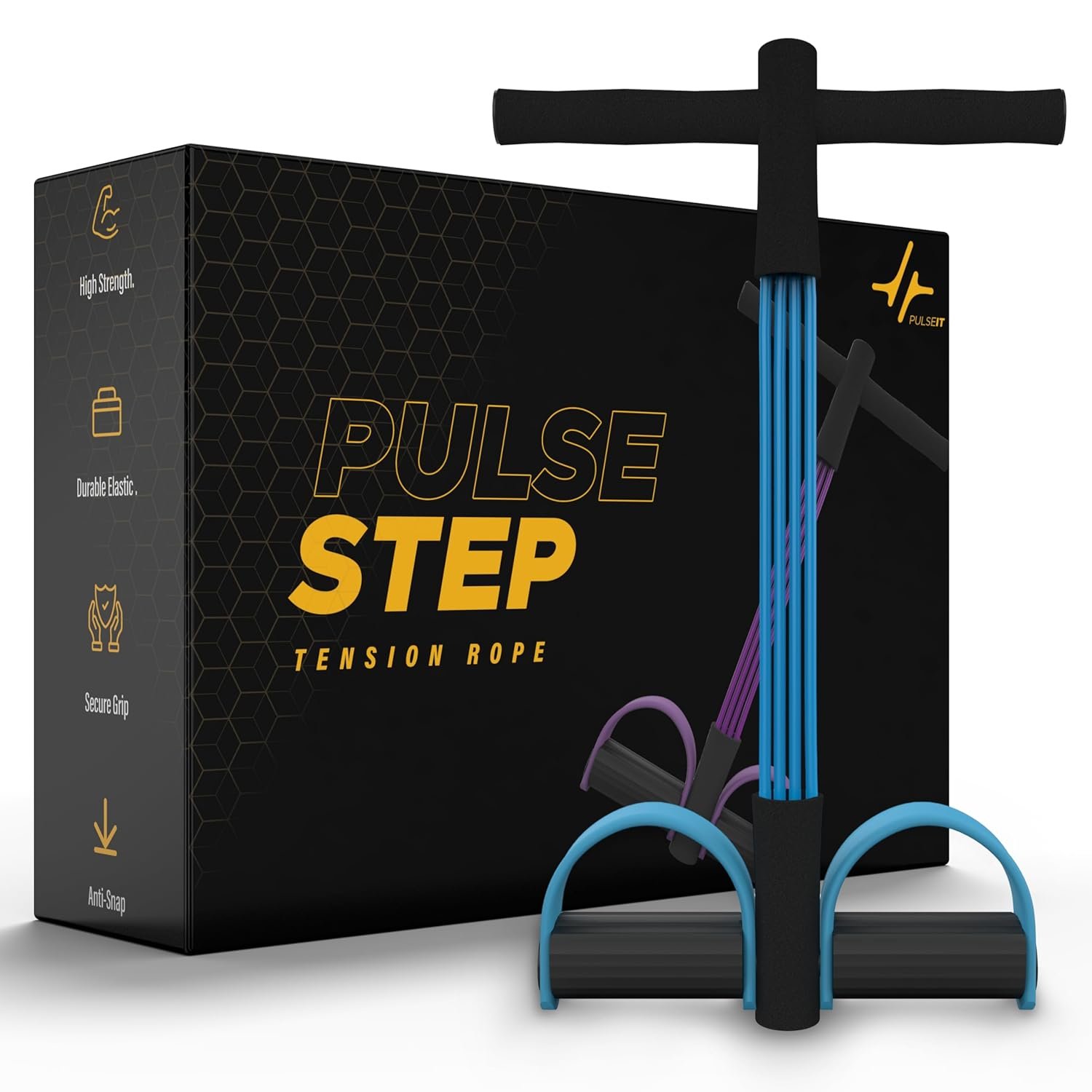 PulseITStep 4-Tube Resistance Band Exercise Puller, Yoga Pedal Tension Rope, Home Fitness Equipment for Full Body Workout (Black-Blue)