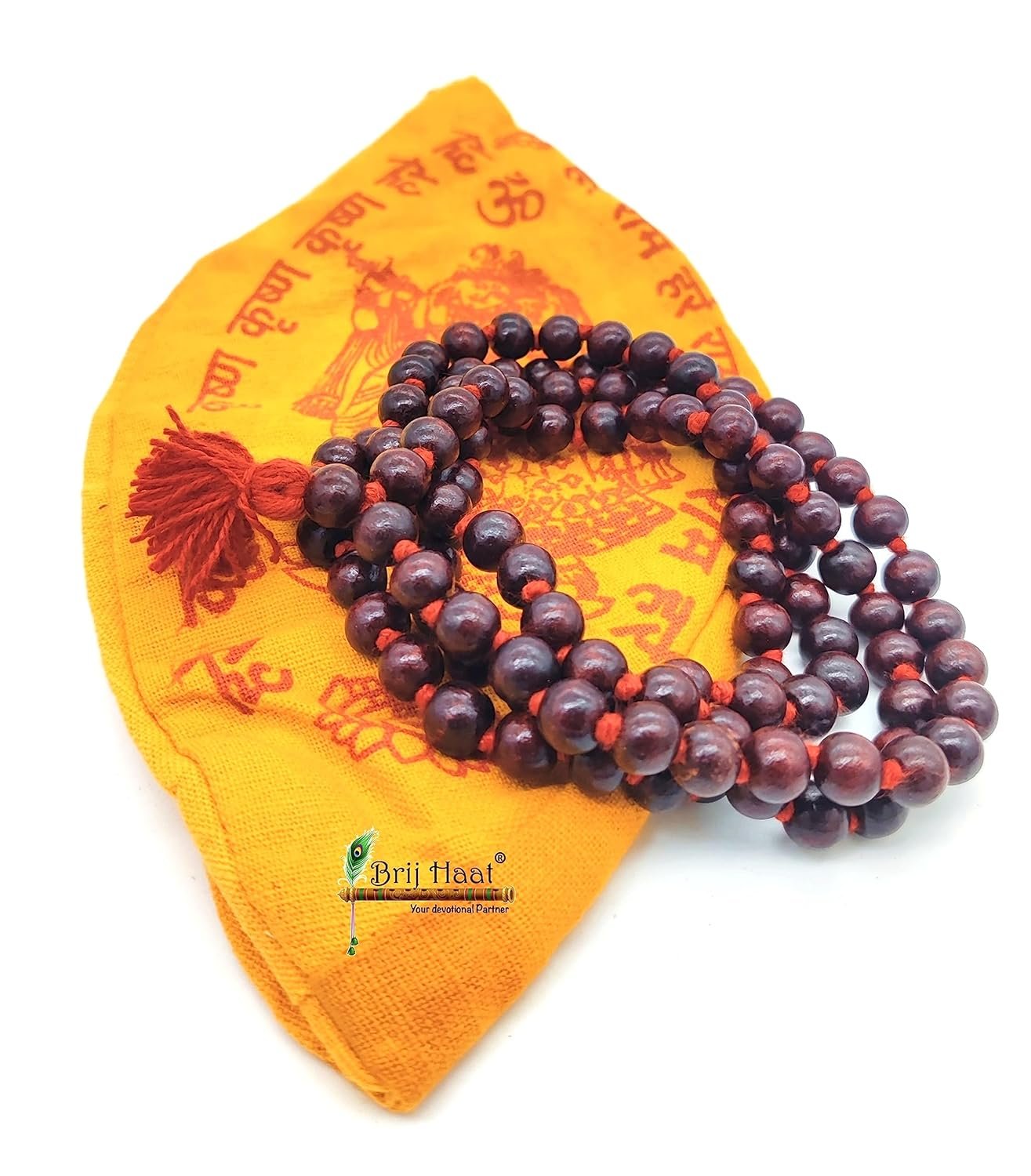 BRIJ HAAT Original Rosary Lal Chandan Mala 108+1 Beads with Cotton Gaumukhi Japa Bag Size – (10mm) Natural