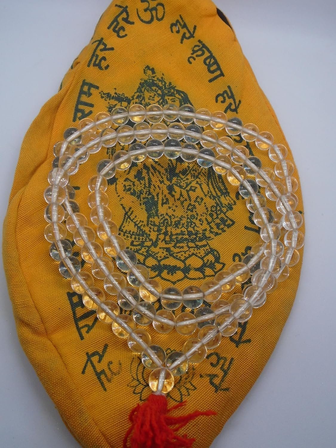 Pearl Palace Clear Crystal Quartz Rosary Sphatik Jaap Mala 8mm, 108+1 Beads with Jap mala Bag, Gomukhi,Prayer Beads Bag, Chanting Prayer Bag, Hindu Prayer Bag, Meditation Bag, jhola