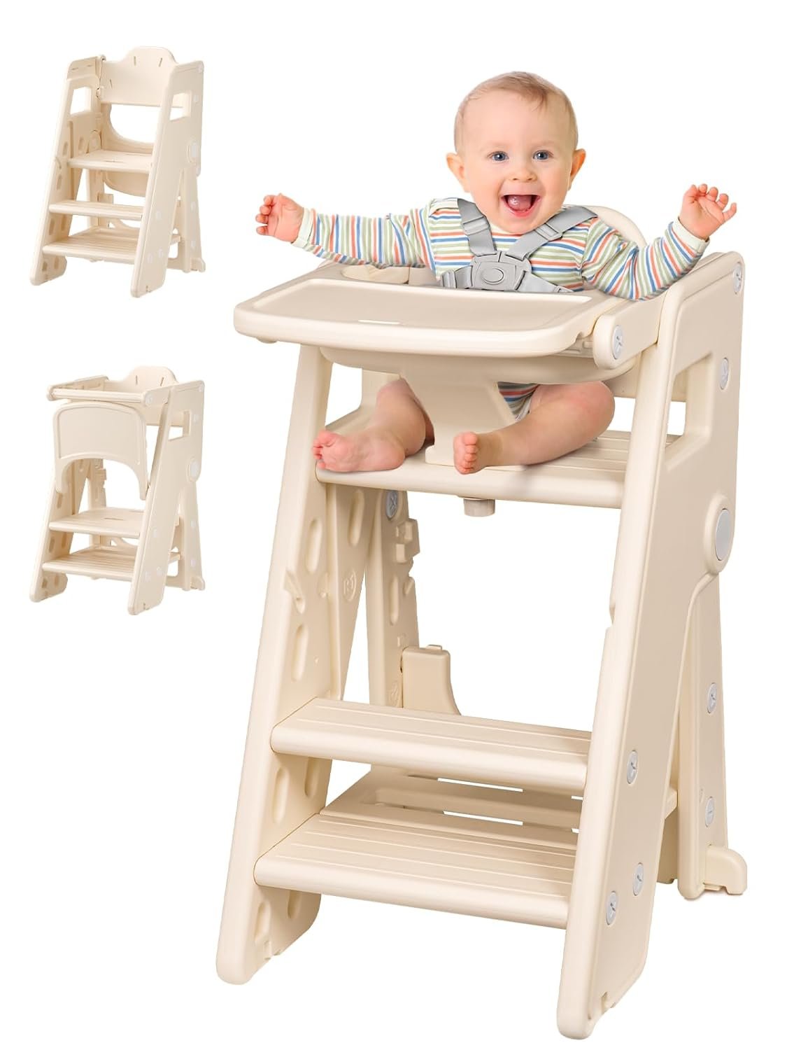 VBABY High Chairs for Babies and Toddlers, 3 in 1 Foldable Highchair with Adjustable Tray, Convertible High Chairs to Toddler Tower, Portable Baby Highchairs, Beige