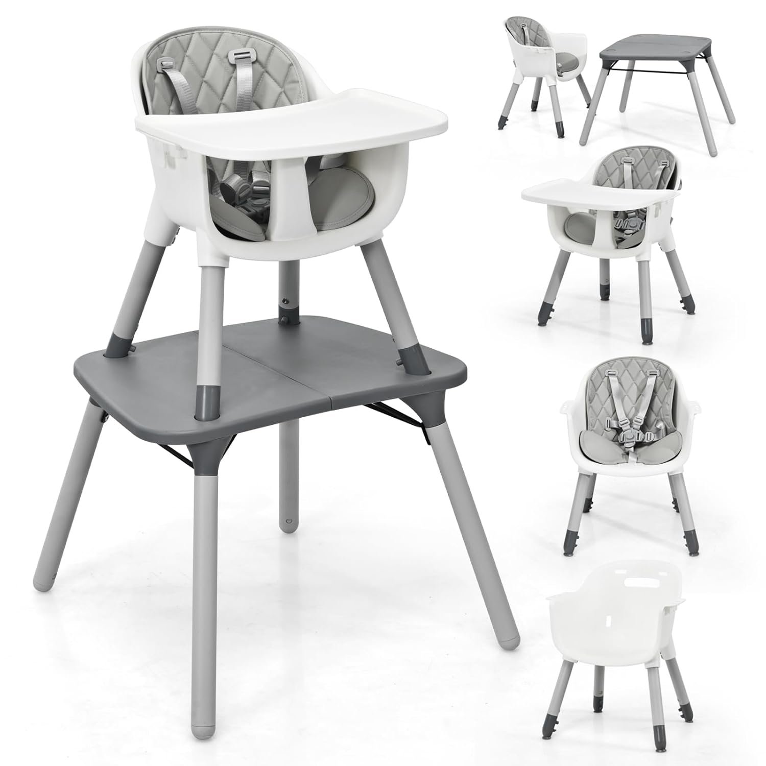 HONEY JOY 5-in-1 High Chair, Convertible Highchair for Babies and Toddlers/Kids Chair Table Set/Infant Feeding Chair w/Safety Harness, PU Leather Cushion & Removable Food Tray (Gray)