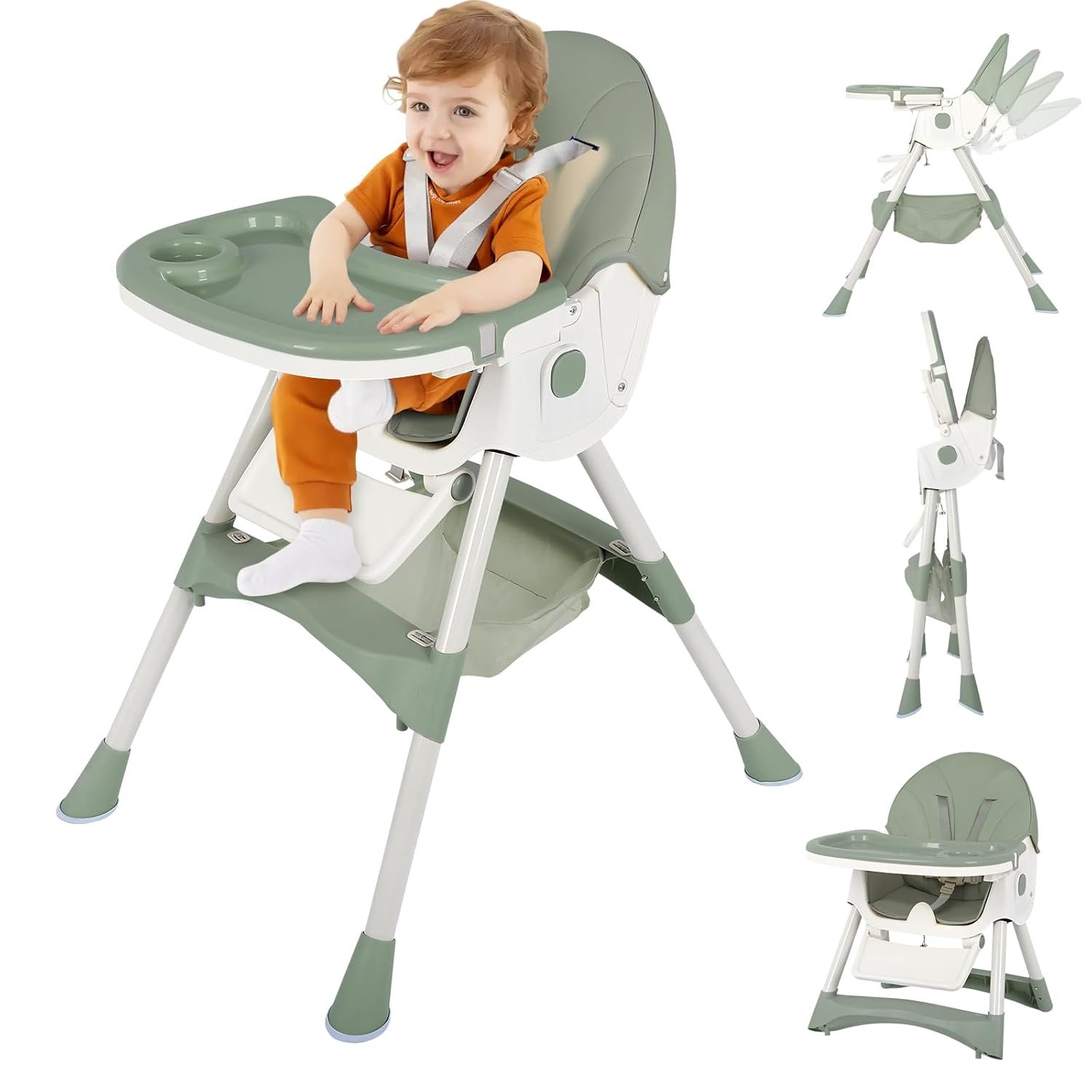 6-in-1 Foldable Baby High Chair for Babies & Toddlers – Adjustable Height & Recline, 5-Point Safety Harness, Removable Tray | Portable Highchair, Space-Saving & Easy Clean | Silla de Comer para Bebé