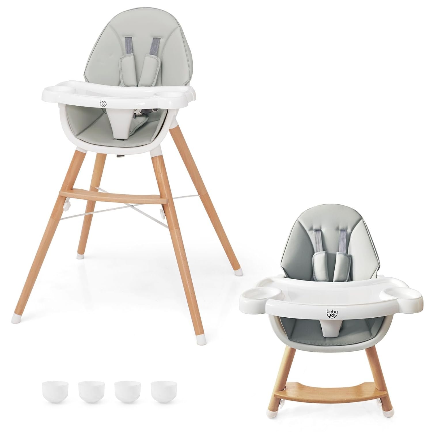 BABY JOY Baby High Chair, Wooden High Chair for Babies & Toddlers with Dishwasher Safe Double Removable Tray, Infant Feeding Chair with 5-Point Safety Harness & Detachable PU Seat Cushion (Gray)