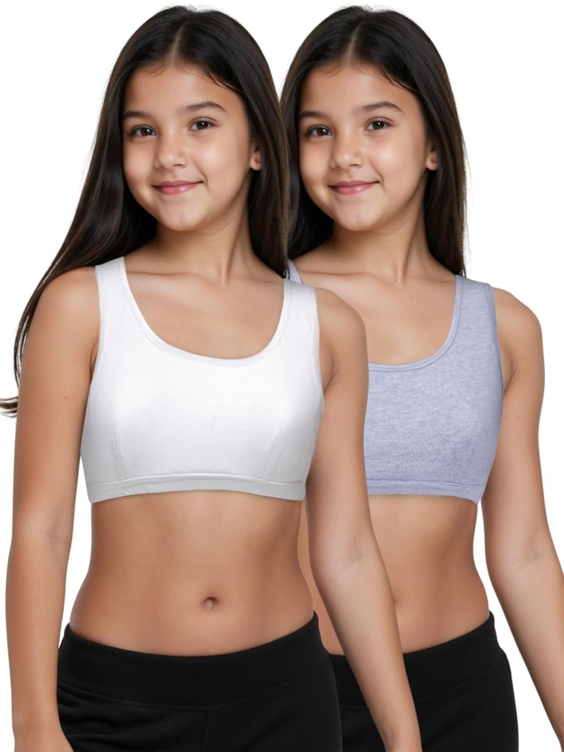 DChica Essentials Sports Bra for Girls (Pack of 2) Cotton Non-Padded Full Coverage Beginners Non-Wired T-Shirt Gym Yoga Workout Bra with Regular Broad Strap, Training Bra for Teenagers