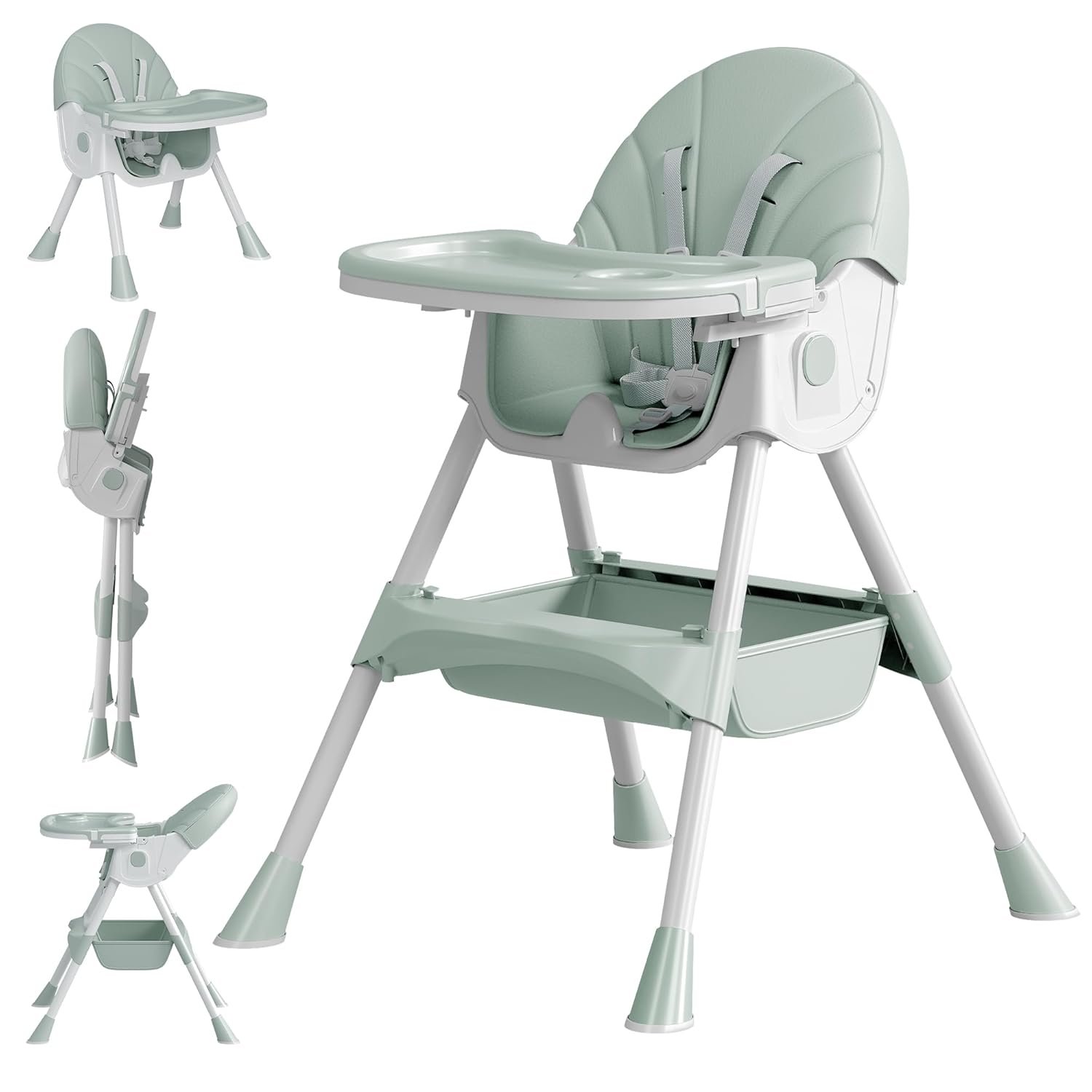 Baby High Chair, 5 in 1 High Chairs for Babies and Toddlers, Travel Foldable High Chair with Foot Rest, Detachable PU Cushion, Double Removable Tray, Adjustable Height & Recline