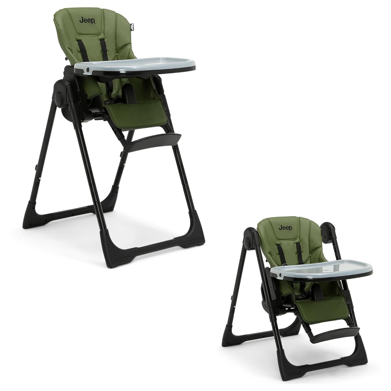 Jeep by Delta Children Classic Convertible 2-in-1 High Chair for Babies and Toddlers with Adjustable Height, Recline & Footrest – Dishwasher Safe Meal Tray, Olive Green