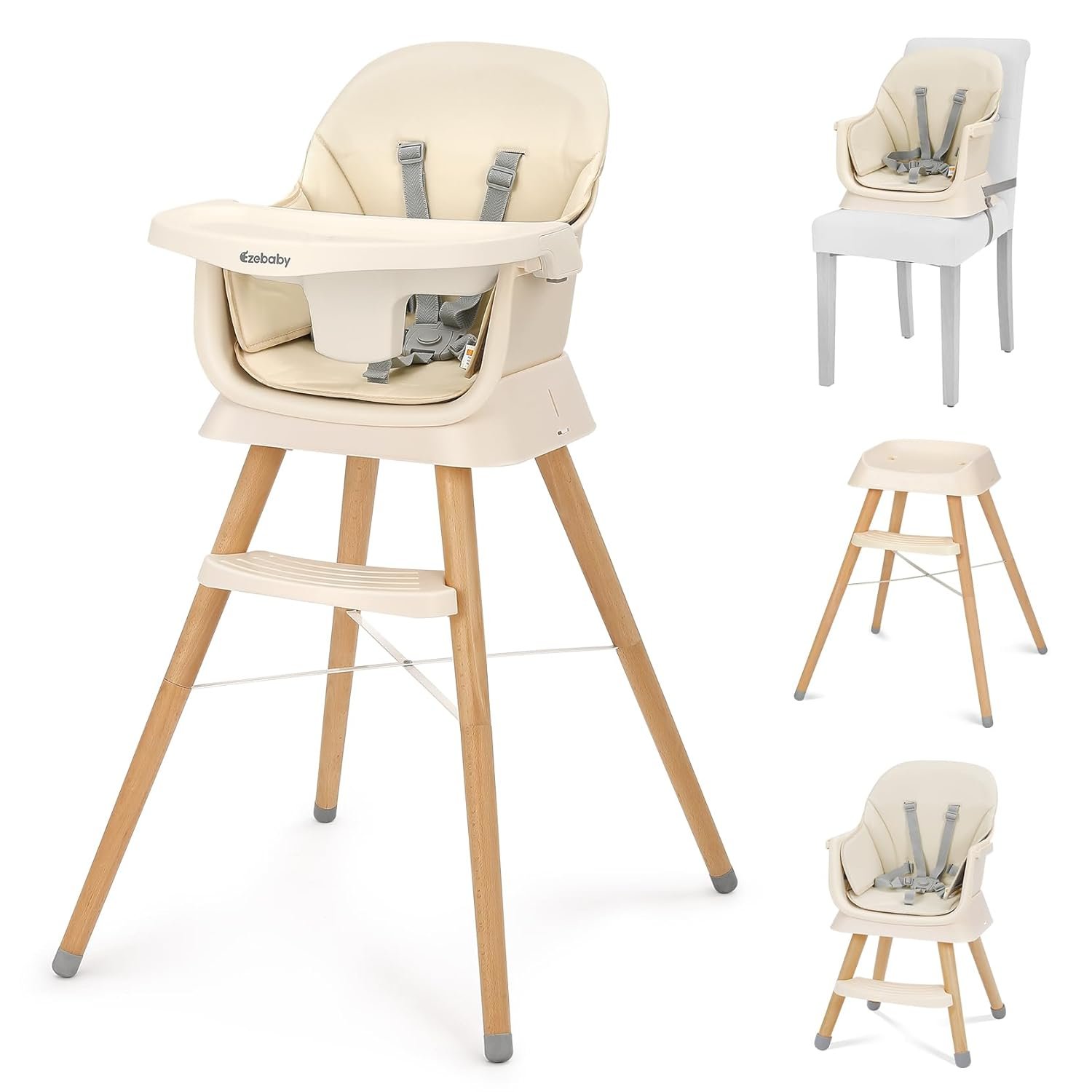 Ezebaby Portable Baby High Chair, High Chairs for Babies and Toddlers with Adjustable Legs, 6-in-1 Convertible to Booster Seat for Dining Table, Toddlers High Chair with Removable Cushions – Cream