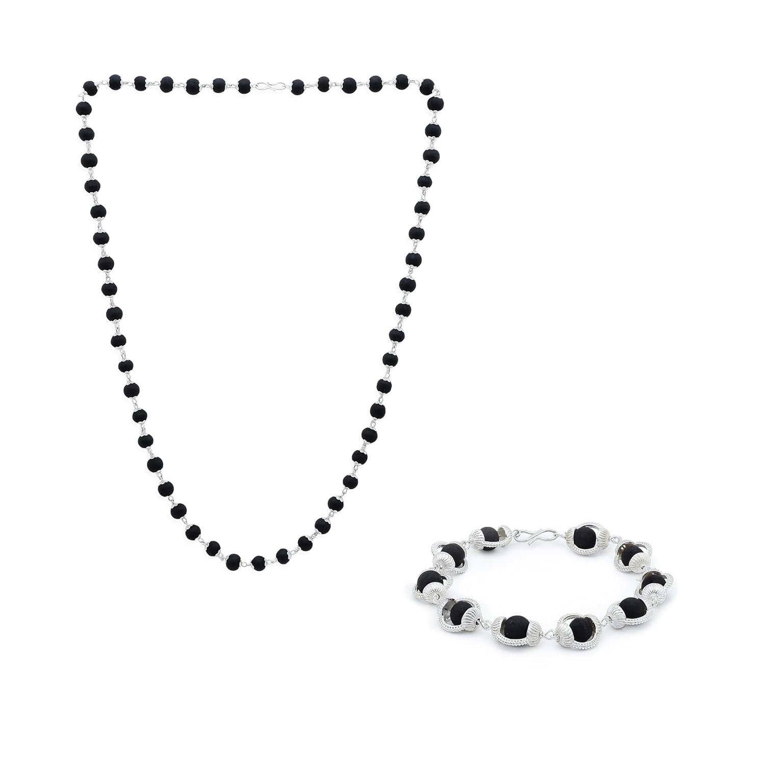 Original Karungali Malai Silver Coated Cap Bracelet and 54 Beads Mala Combo | Lab Tested Black Ebony Wood, for Pooja, Meditation, Healing | For Men & Women