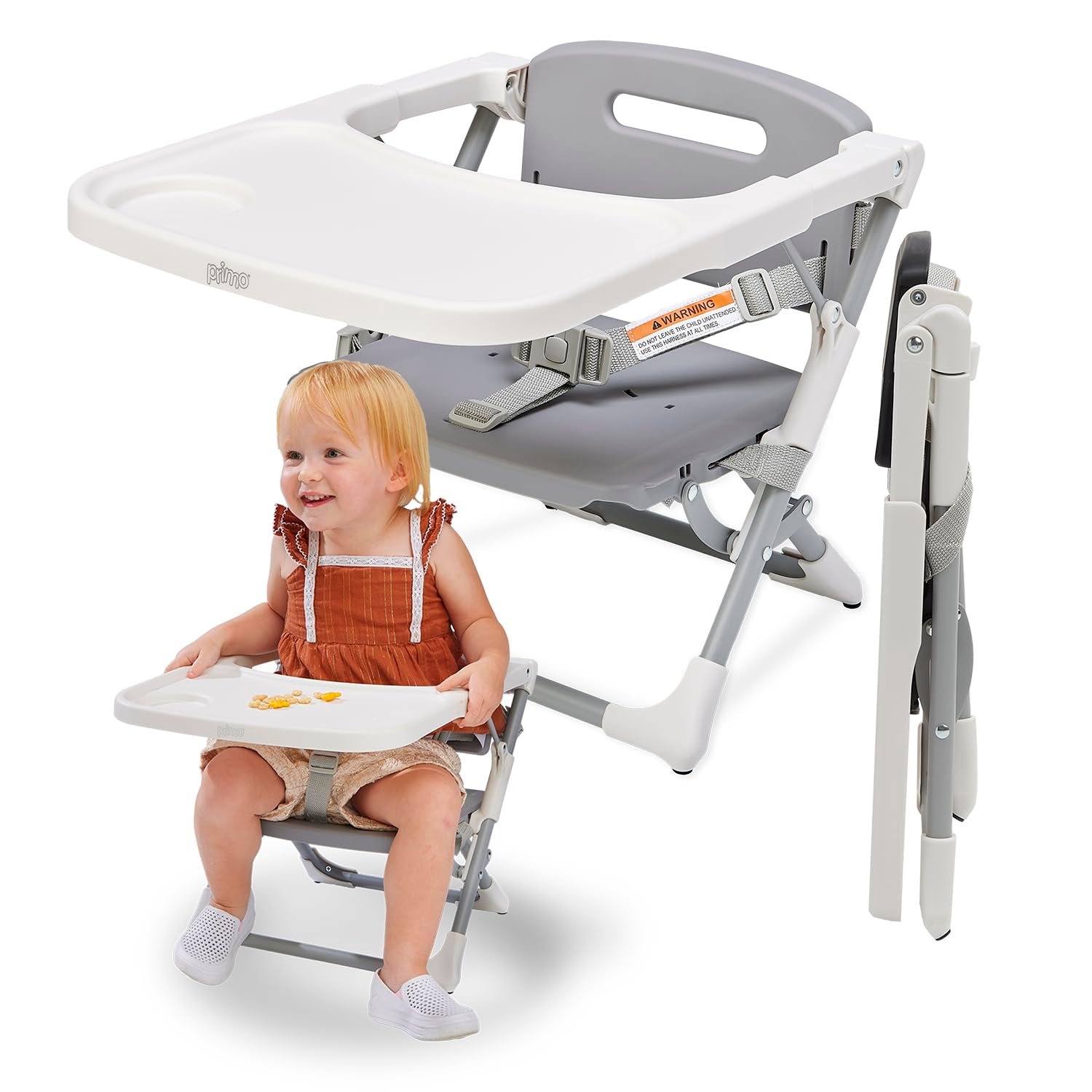 PrimoBaby SproutSeat Booster Seat for Kitchen Chair – Portable Folding Design, Travel Baby Beach Essentials, with 3-Point Safety Harness, Adjustable Tray, Dishwasher Safe Tray, Baby Floor Seat