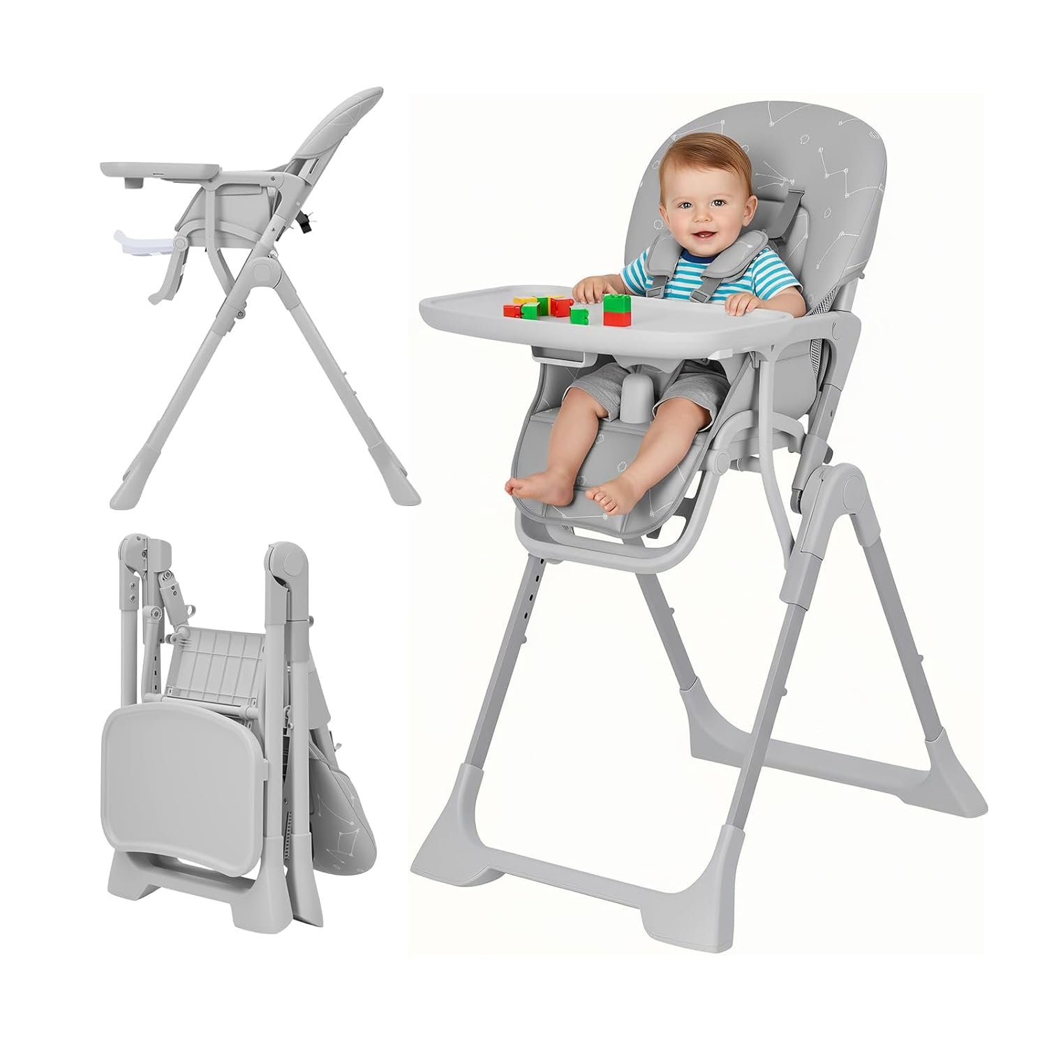Baby High Chair, Foldable Feeding Chairs for Babies and Toddlers, Adjustable Height/Backrest/Footrest, Removable Tray, Fast Folding Gray