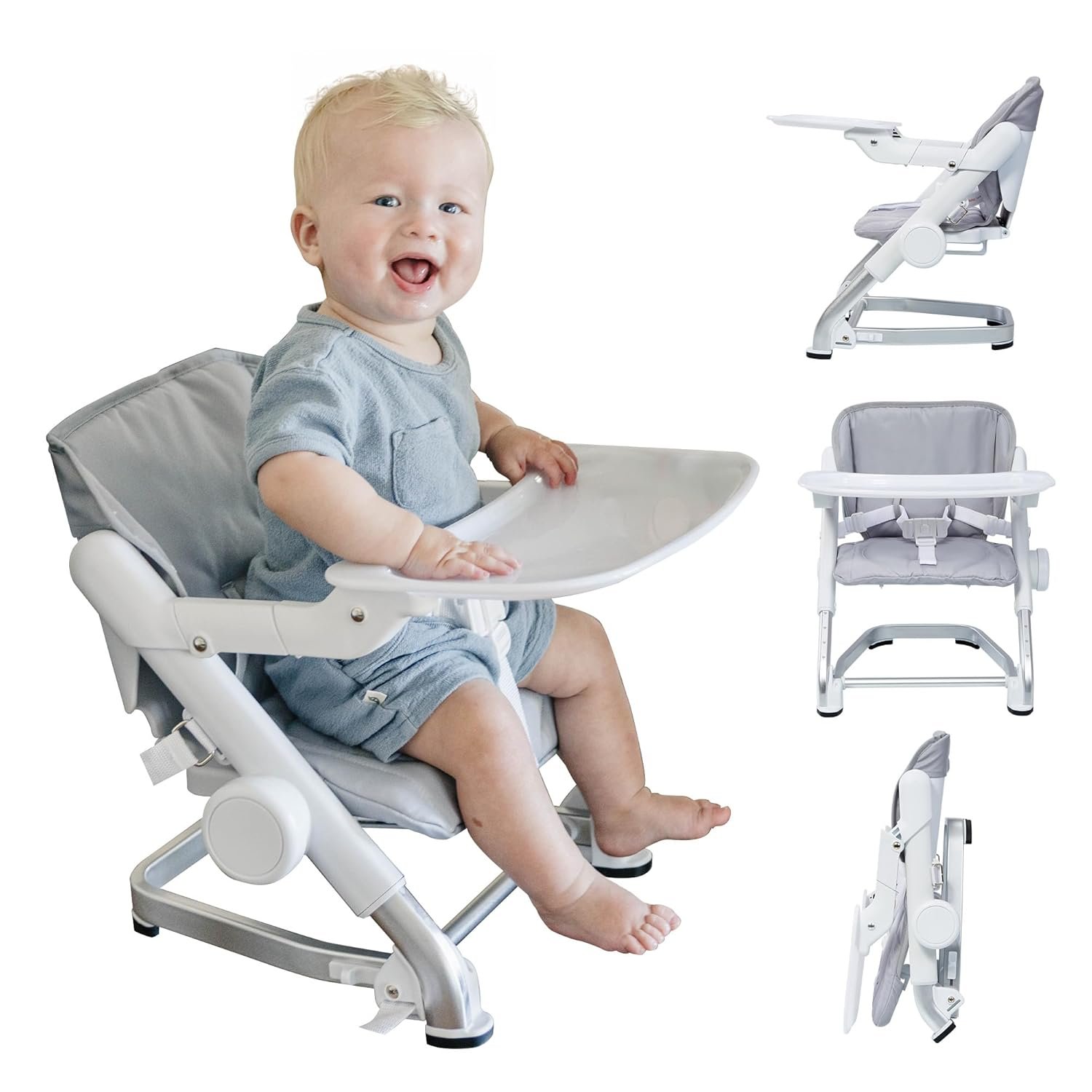Feed Me Go 3-in-1 Travel High Chair Booster Seat for Infants and Toddlers – Transitional, Portable, Compact & Fits Any Chair – Removable Tray – Gray