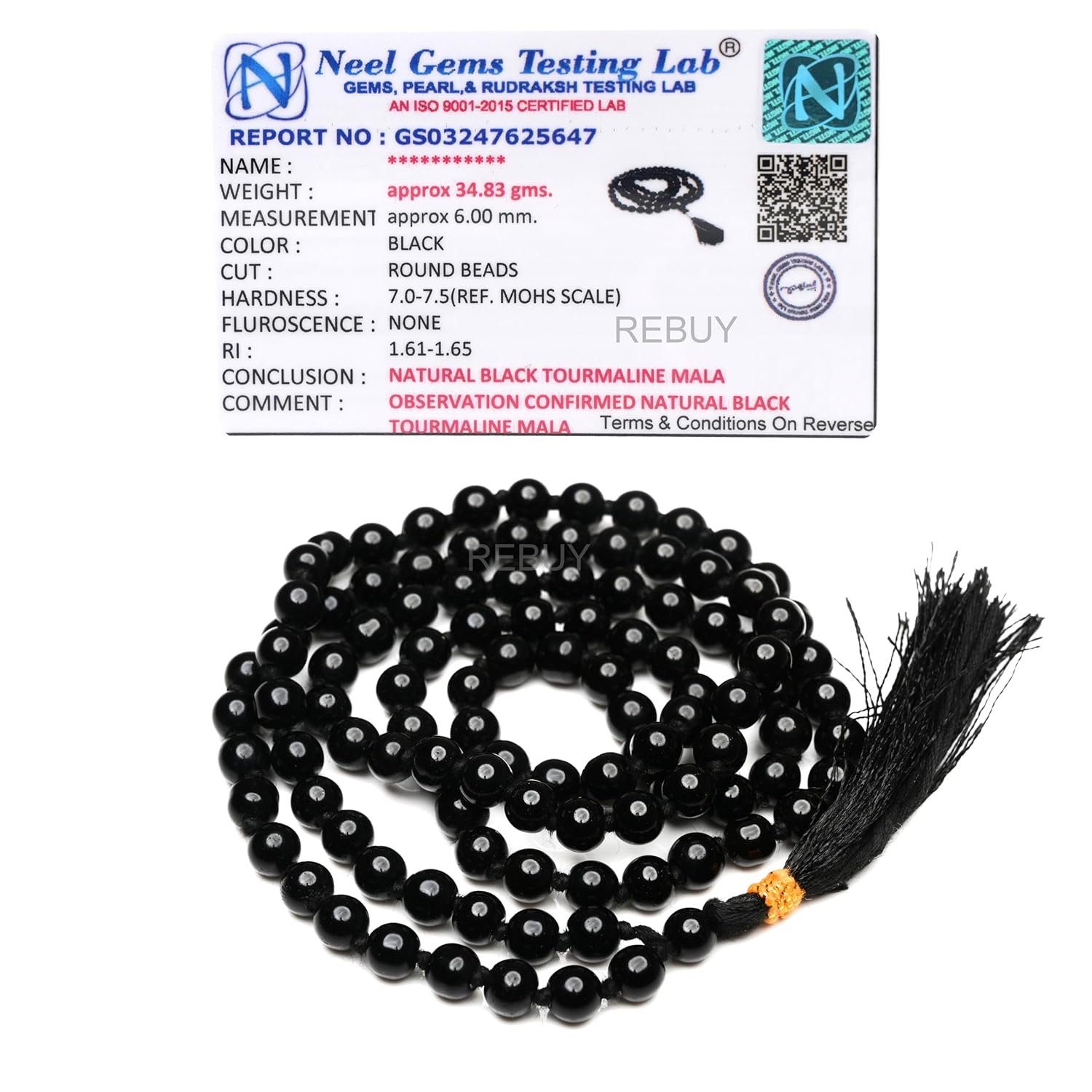 REBUY Lab Certified Black Tourmaline Stone Jap Mala 6mm Round Beads | Natural Healing Crystal Gemstone for Prayer Meditation, Enhance Protection from Negative Energies, Positive Energy, Spiritual Growth | 108+1 Beads