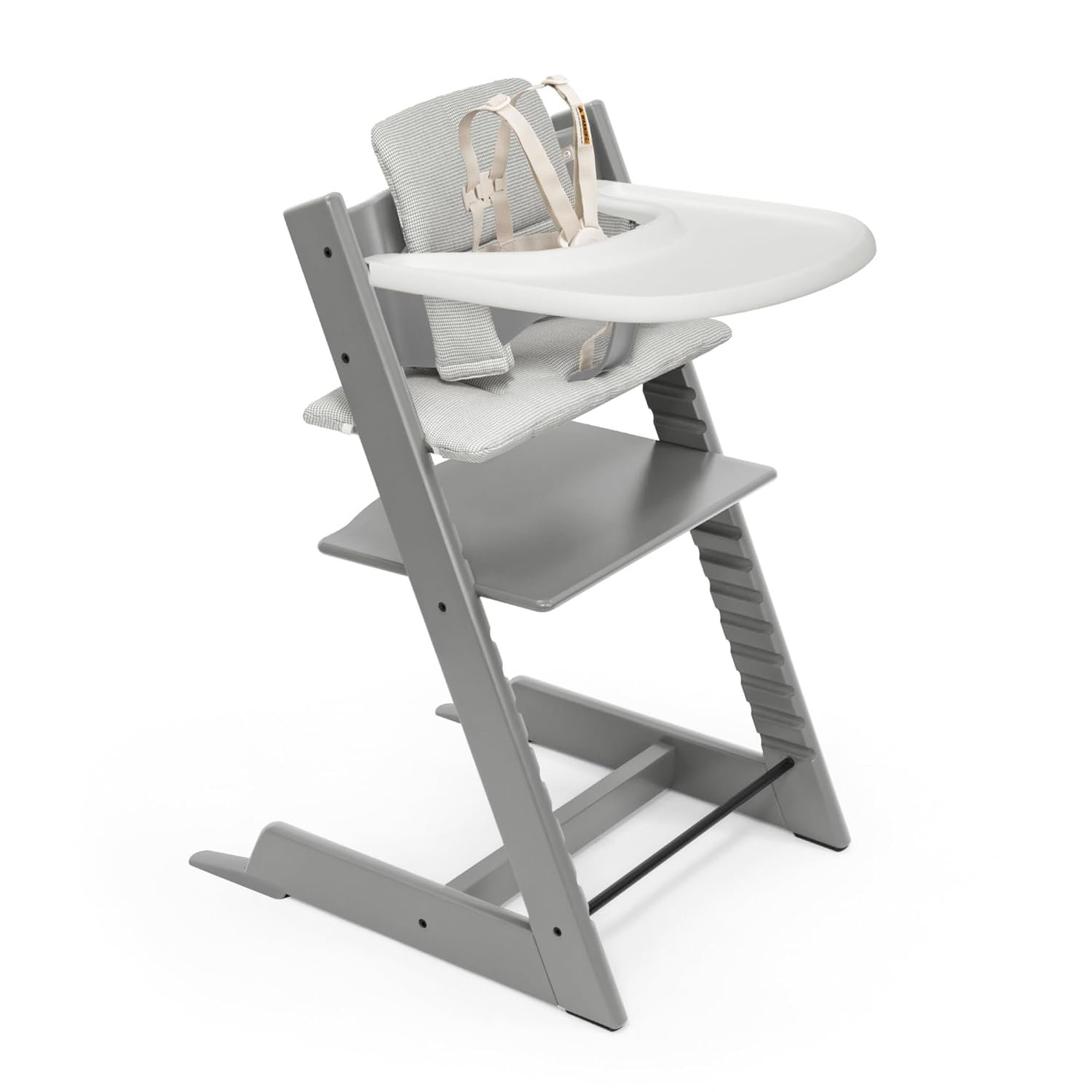 Stokke Tripp Trapp High Chair 2 (Storm Grey), Cushion 2 (Nordic Grey) + Stokke Tray (White) – Includes Chair + Baby Set 2 with Removable Harness for Children 6-36 Months