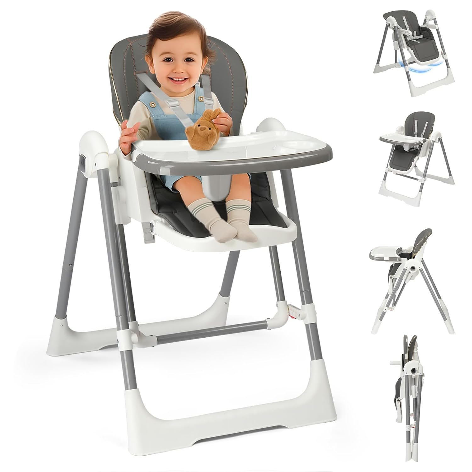 Ktaxon Folding Baby High Chair, Adjustable Height Highchair with Backrest, Dual-Layer Tray and 5-Point Safety Harness for Toddlers & Babies, Grey