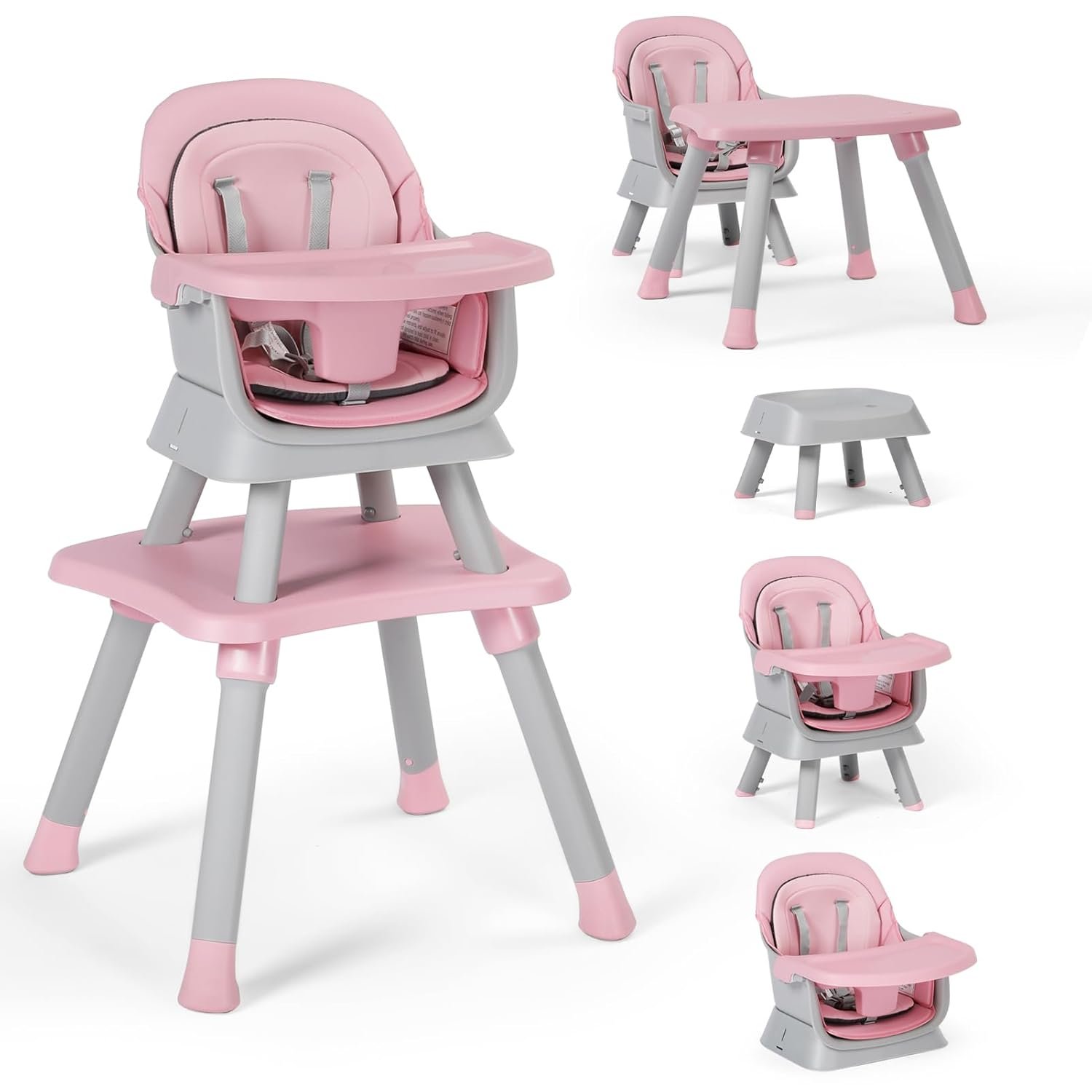 TODEFULL Baby High Chair, 8 in 1 Convertible Highchairs for Babies and Toddlers, Children Dining Booster Seat/Kids Building Block Table for Girls Boys, Baby Seat with Removable Tray, Pink