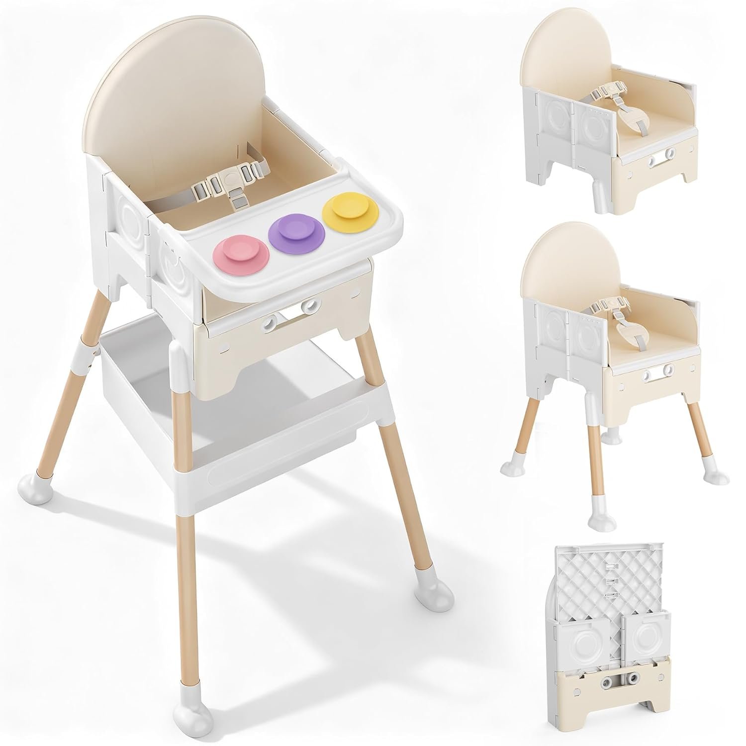 Baby High Chair, High Chairs for Babies and Toddlers, Light Weight Portable Highchair, Comfortable Feeding, Multi-Use Easy Clean High Chair (Beige)