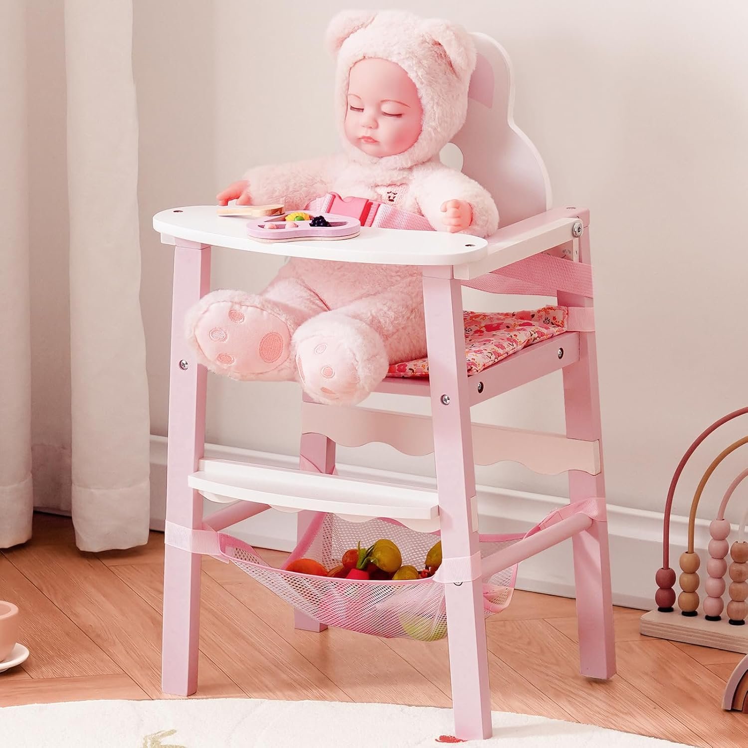 ROBOTIME Wooden Baby Doll High Chair – Pretend High Chair Toys for 18″ Dolls – Doll Feeding Chair Toy with Tray – Baby Doll Furniture for Girls Ages 3+