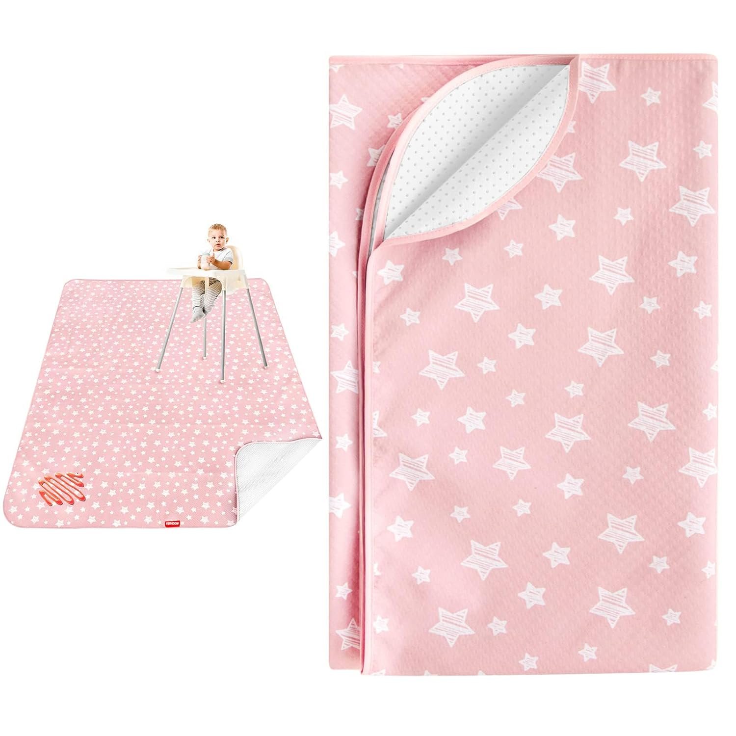 Extra Large Baby Splat Mat 54”x 72”, Anti Slip Waterproof High Chair Mat Baby Feeding Table Cloth Floor Mat Cover, Baby Art Playtime Mat for Craft/Mealtime, Washable Portable Picnic Mat – Pink Star