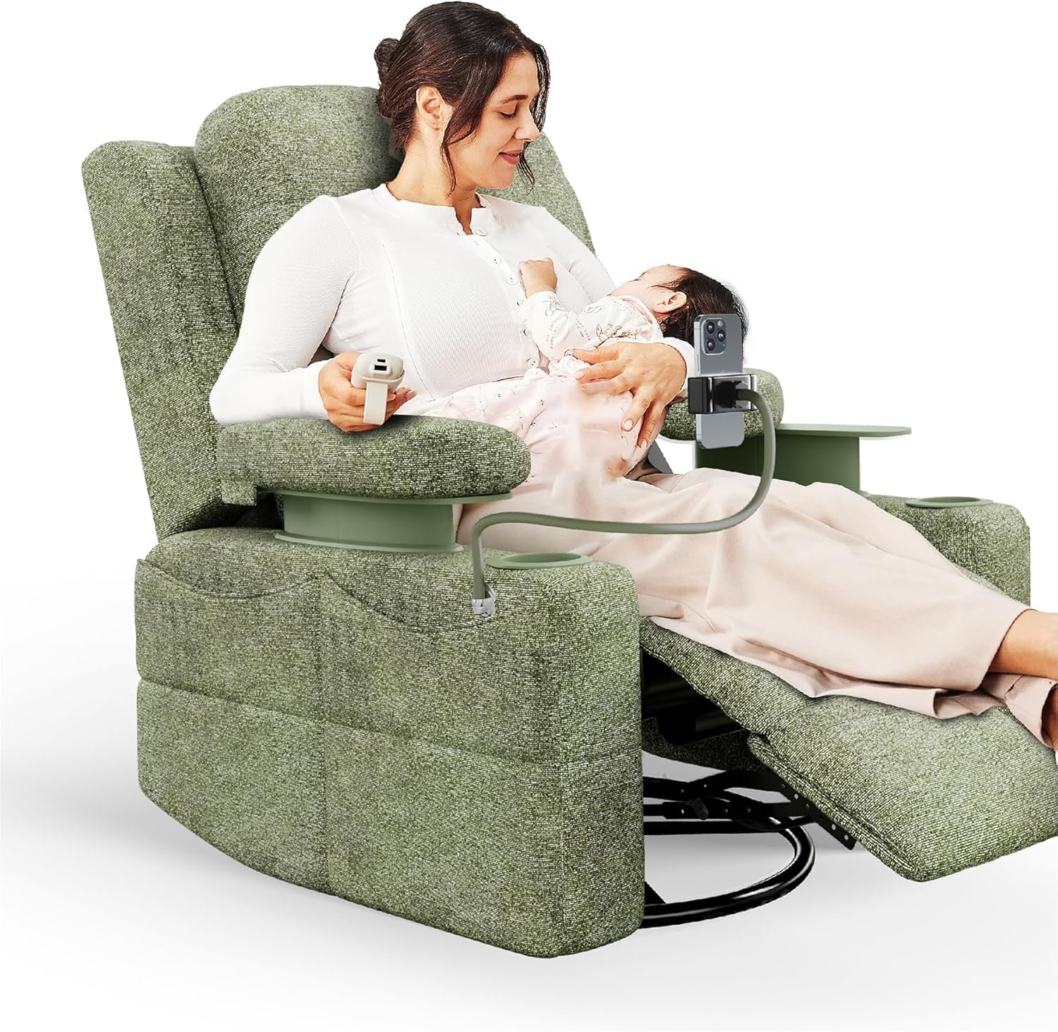 MAMAZING Oversized Rocking Chair Nursery with Adjustable Armrests, Electric Glider Recliner Nursing Chair for Breastfeeding, Power Swivel Recliner Chairs, Oeko-TEX & FSC Certified (Moss Green, Fabric)
