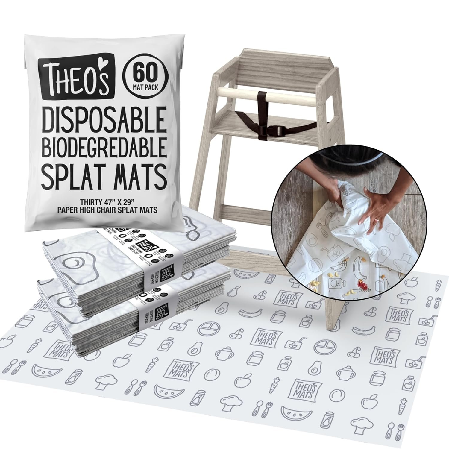 60 Pack | Disposable Splat Mats | THEO’S MATS | Highchair Splat Mat for Floor | Baby Led Weaning Supplies | Biodegradable (THEO001)