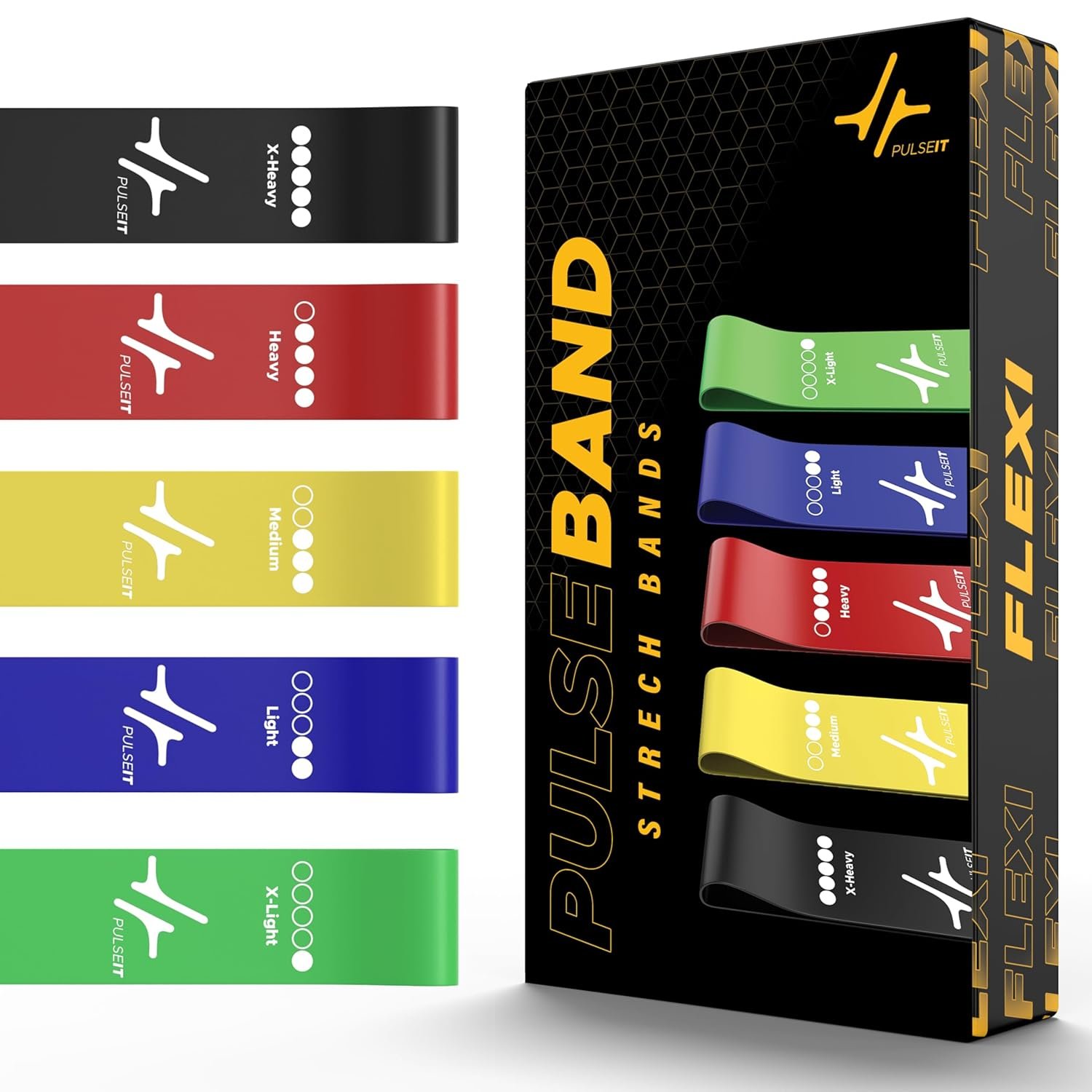 PulseITBand Resistance Bands Set for Men & Women – Pack of 5 Loop Bands for Workout, Yoga, Stretching, Booty & Strength Training | Home/Gym Fitness Equipment for HIPS, Glutes, Squats & Rehab