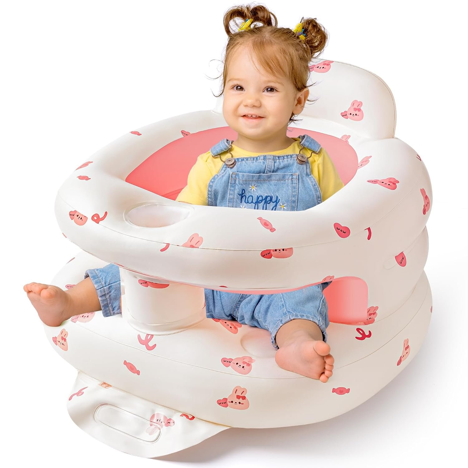 Inflatable Baby Seat with Full Enclosure, Comfortable Sit Me Up Baby Chair for Learning to Sit, Built in Air Pump Blow Up Infant Back Support Floor Seat for Babies 3 Months & Up (Bunny)