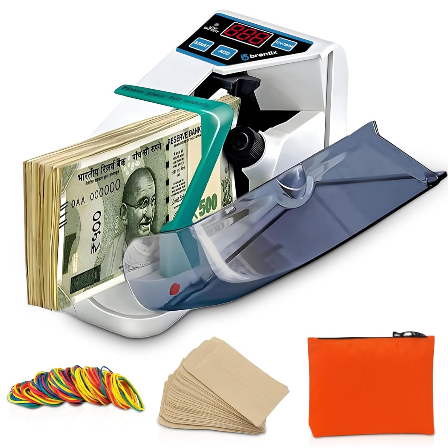 BRONTIX P-100 Money Counting Machine Mini | LED Display Note Counting Machine Cash Counter Machine Mini with UV/WM Detection, Auto Shut-Off Currency Counting Machine for Home (Portable Bundle)