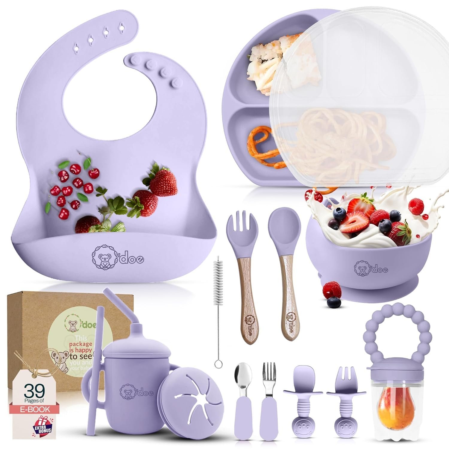 O’doe 17-Piece BPA-Free Silicone Baby Feeding Set | Thick & Soft Suction Plates, Baby Bowls, Wooden Fork & Spoon, and More | Make Mealtime Fun and Easy for Your Little One (Purple, V2)