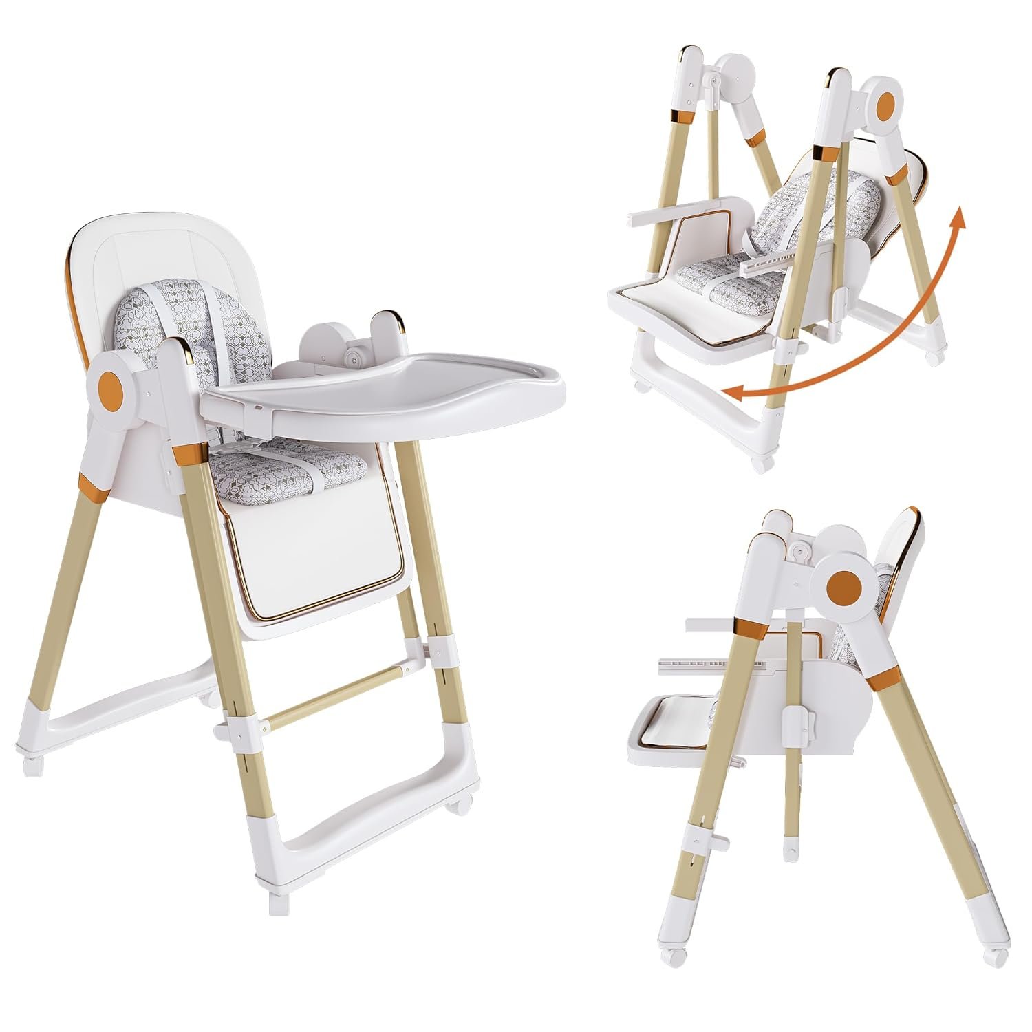 Convertible Foldable High Chair Toddlers with Soothing Sway, Feeding Chair for Babies, 5-Point Harness, Silent Lock Wheels, Removable Tray, Removable and Washable Cushion (White)