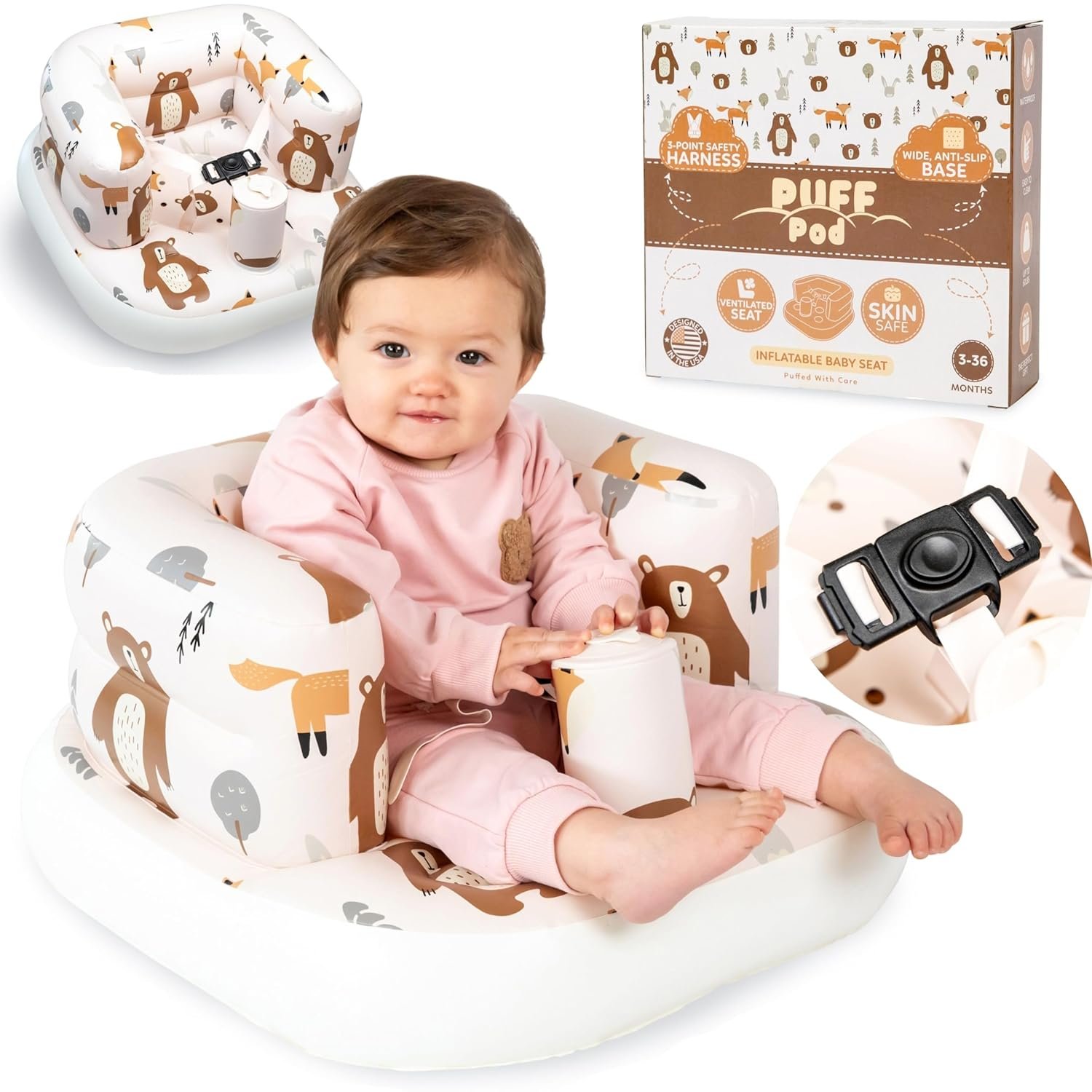 Inflatable Chair for Baby with Safety Harness, Built-in Pump & Non-Slip Base – Infant Sit Up Seat for 3-36 Months, Portable Blow Up Baby Chair for Travel, Easy to Clean