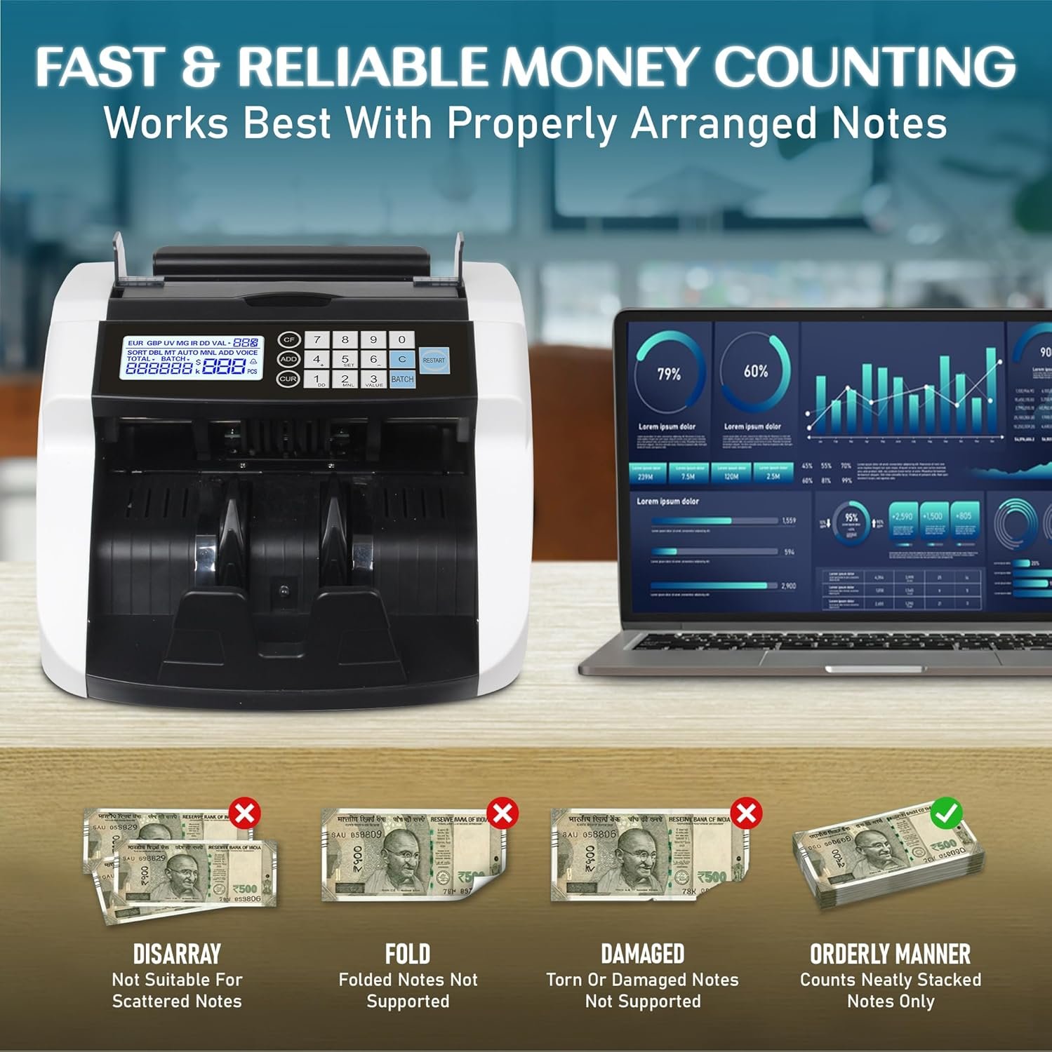 Brontix B-300 Heavy Duty Money Counting Machine | Single Value Note Counting Machine with UV/MG/IR Fake Note Detection | Fast Cash Counting Machine for Business Use | LCD Display