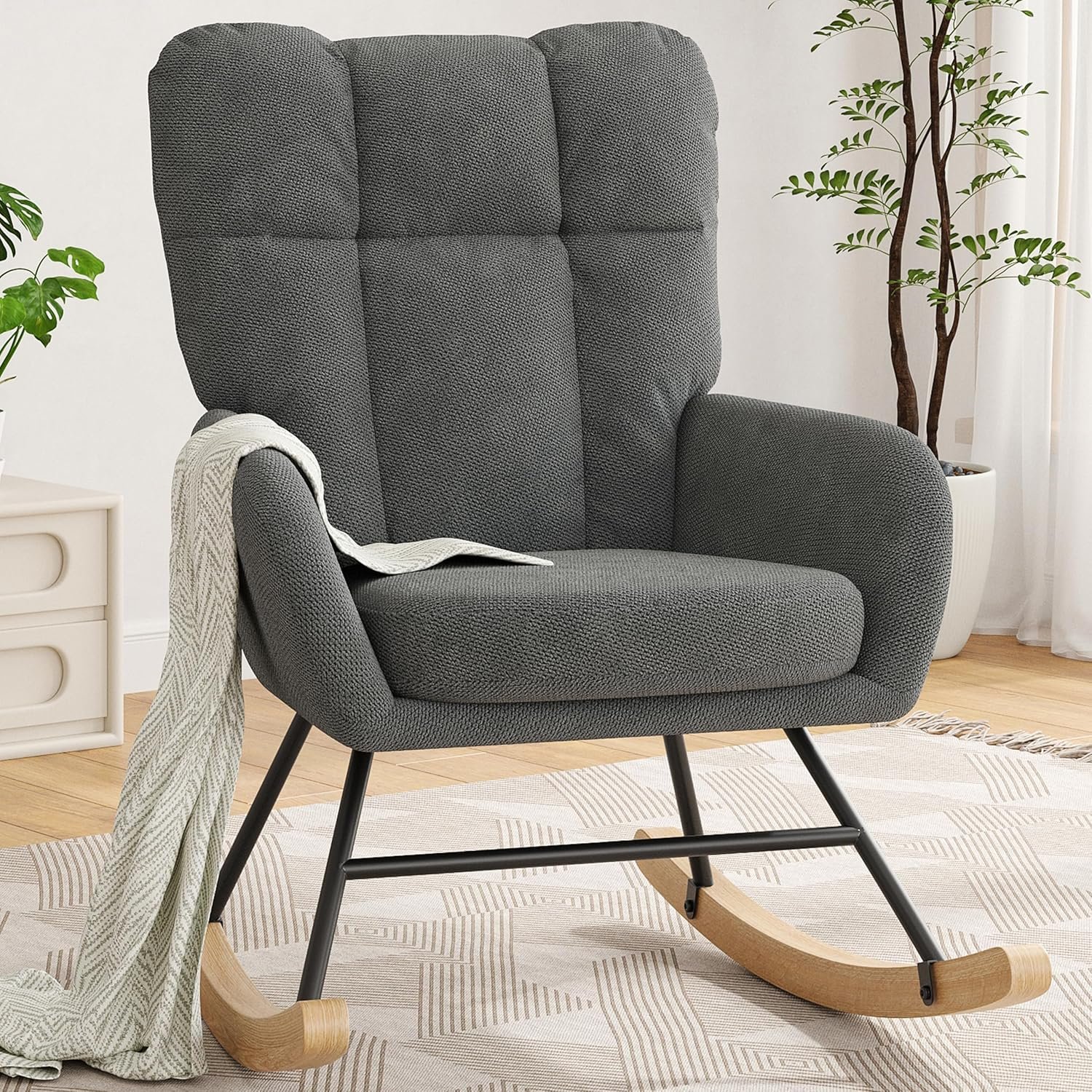 Nursery Rocking Chair, Teddy Baby Modern Nursing Chair for Breastfeeding, Nursery Rocker for Small Spaces Indoor, Accent Glider Chairs for Living Room, Bedroom, Dark Grey
