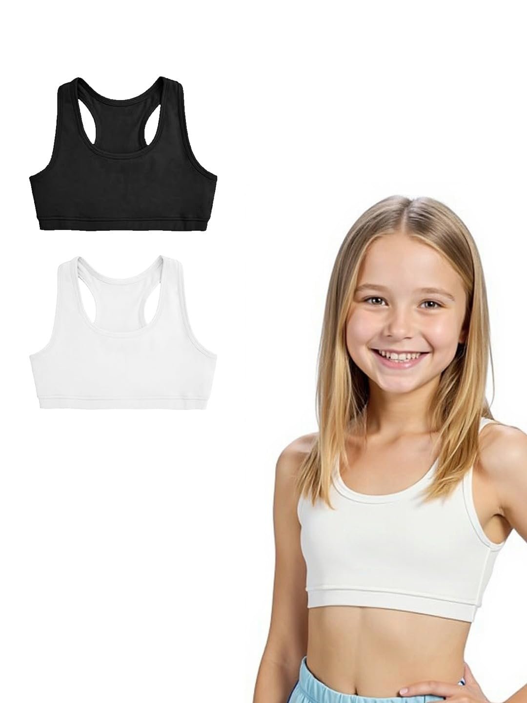 A.T.U.N. (ALL THINGS UBER NICE) Girls Cotton Sports Bra for Teen and Teenagers (Pack of 2) | Non-Padded Racerback Beginner Tshirt for Girls | Comfortable Training, Yoga & Workout Bra