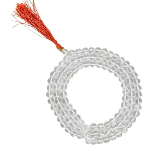 GEMFINITY Superior Grade Diamond Cut Sphatik Mala 108 Beads Original Certified Transparent Crystal Quartz Prayer Necklace Sfatik ki Mala Saptikamalaa For Mantra Jap & Yoga Meditation Purpose