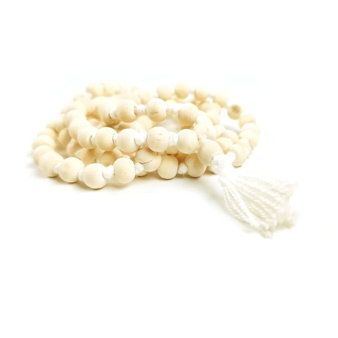 Pure Tulsi Japa Mala 108 + 1 Beads Original for Daily Mantra Jaap with Tassel/Holy Basil Chanting Beads, Rosary Round Mala with Tight Knottedm, Adults Unisex (Pack of 1), White