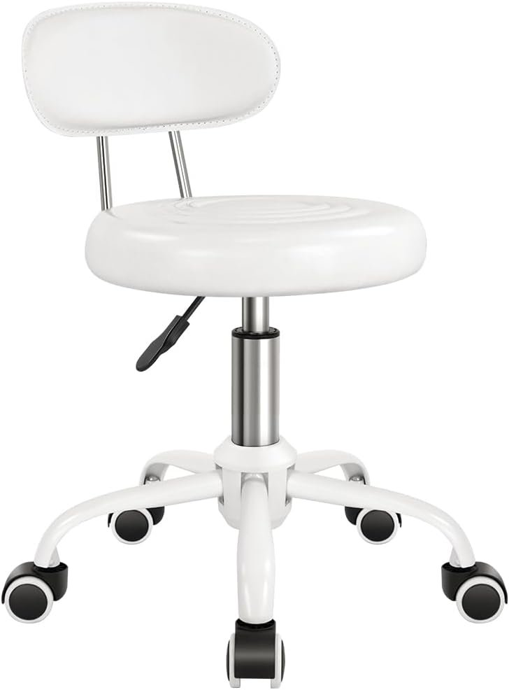 Rolling Stool with Wheels Swivel Stool with Back Height Adjustable Chair PU Leather Rolling Chair Ideal for SPA Salon Home Office Drafting Work (White)